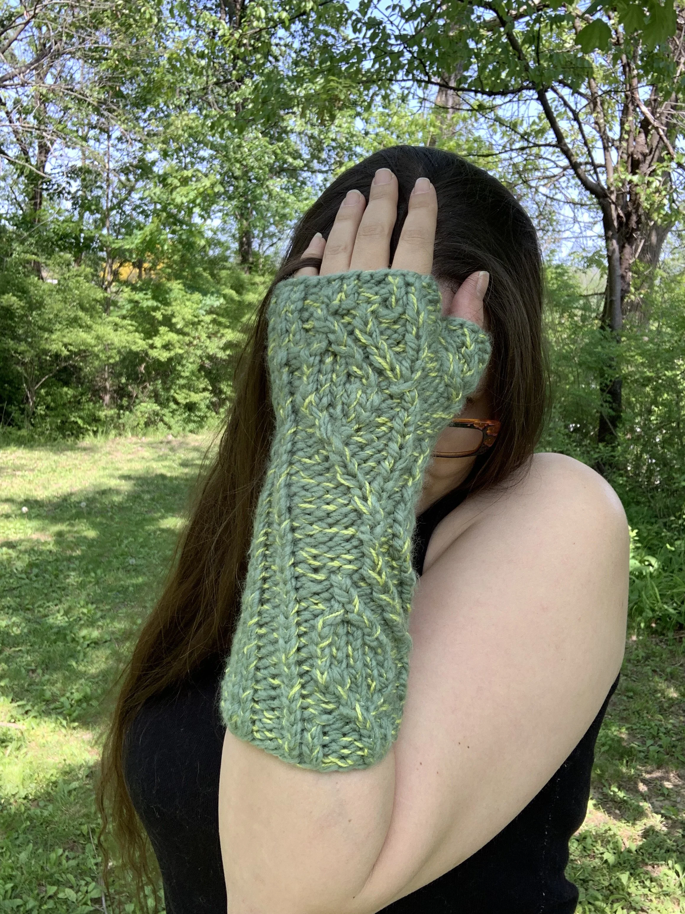 Green Sleeves Arm Warmers, 2023, hand knit in acrylic and wool