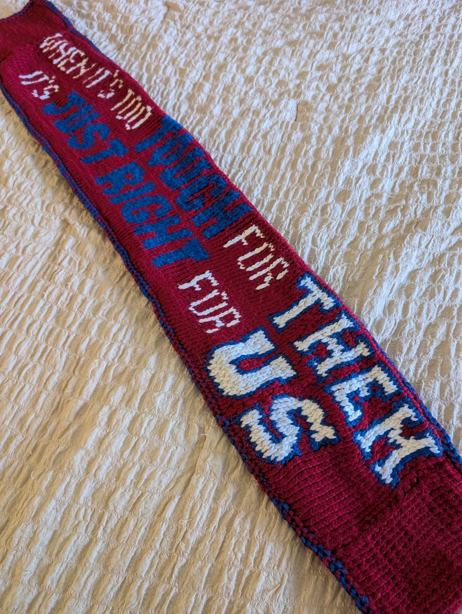 I Want to BILLieve Double Sided Scarf, 2025, hand knit in acrylic