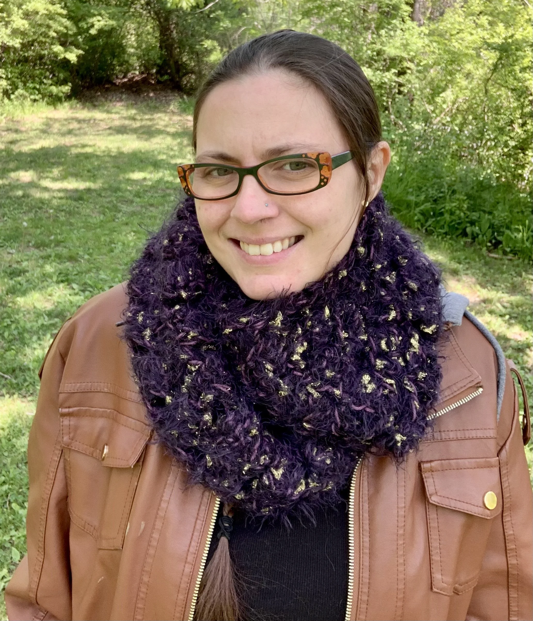Amethyst Infinity Scarf, 2023, crocheted in rayon and acrylic.