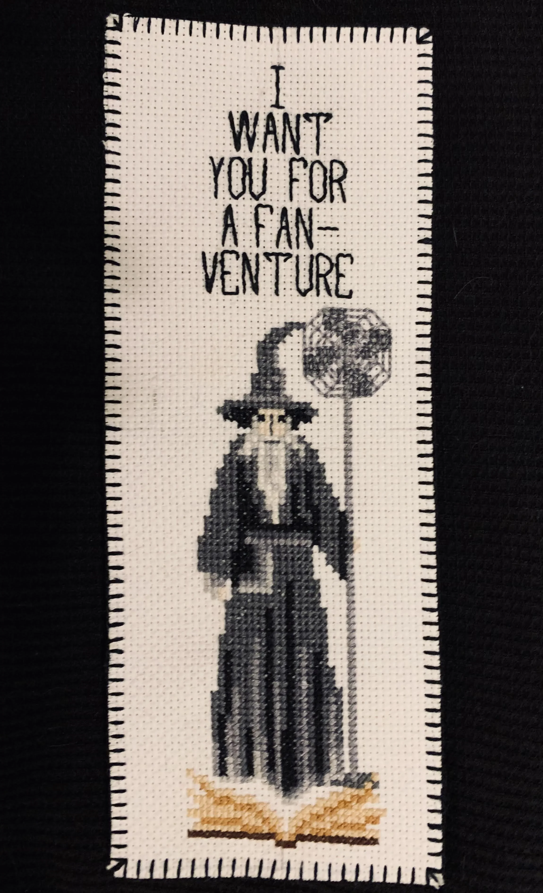 Fan-dalf Bookmark, 2022, cotton thread on aida.