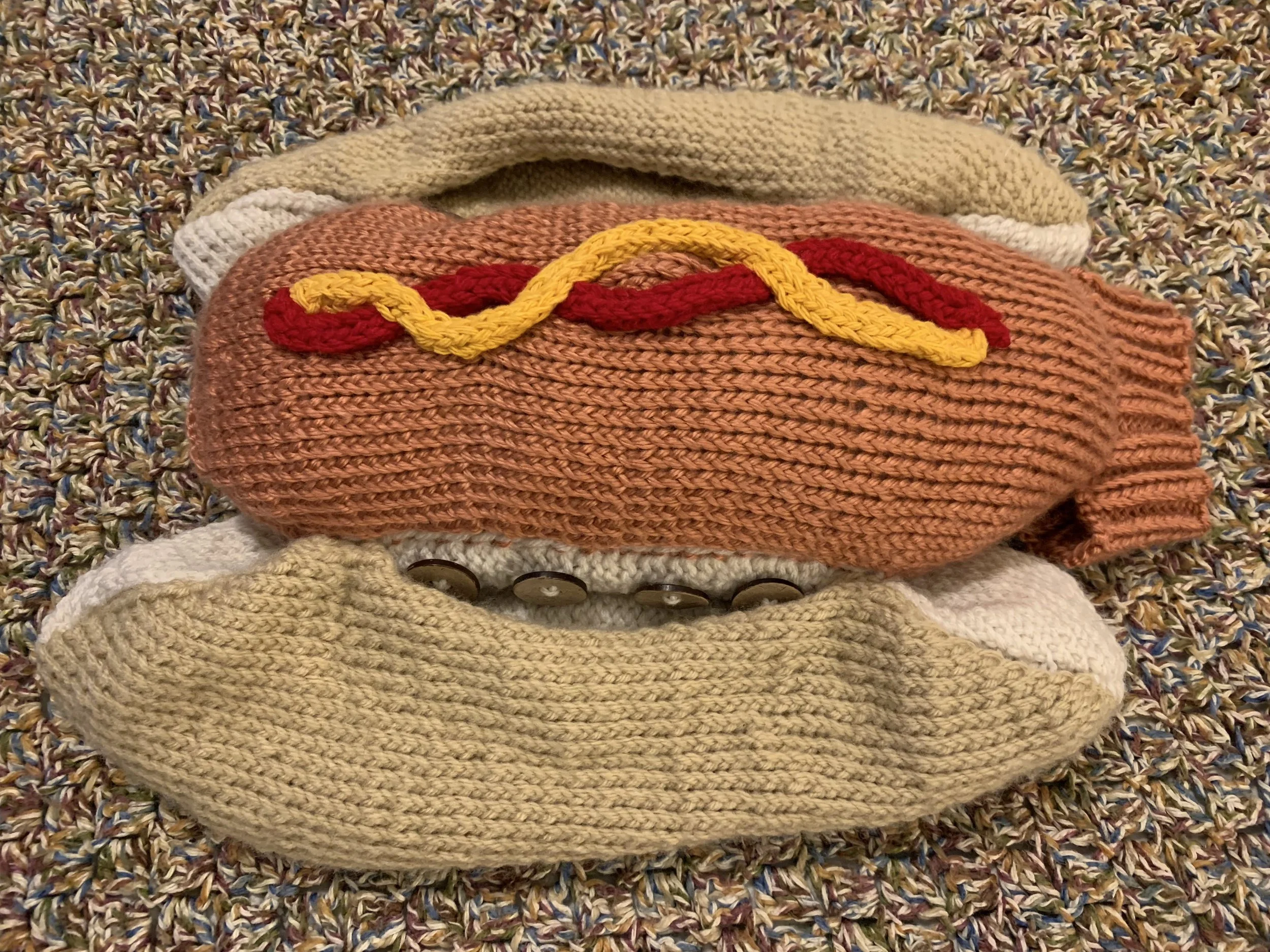 Hot Dog Pet Coat, 2021, hand knit in acrylic