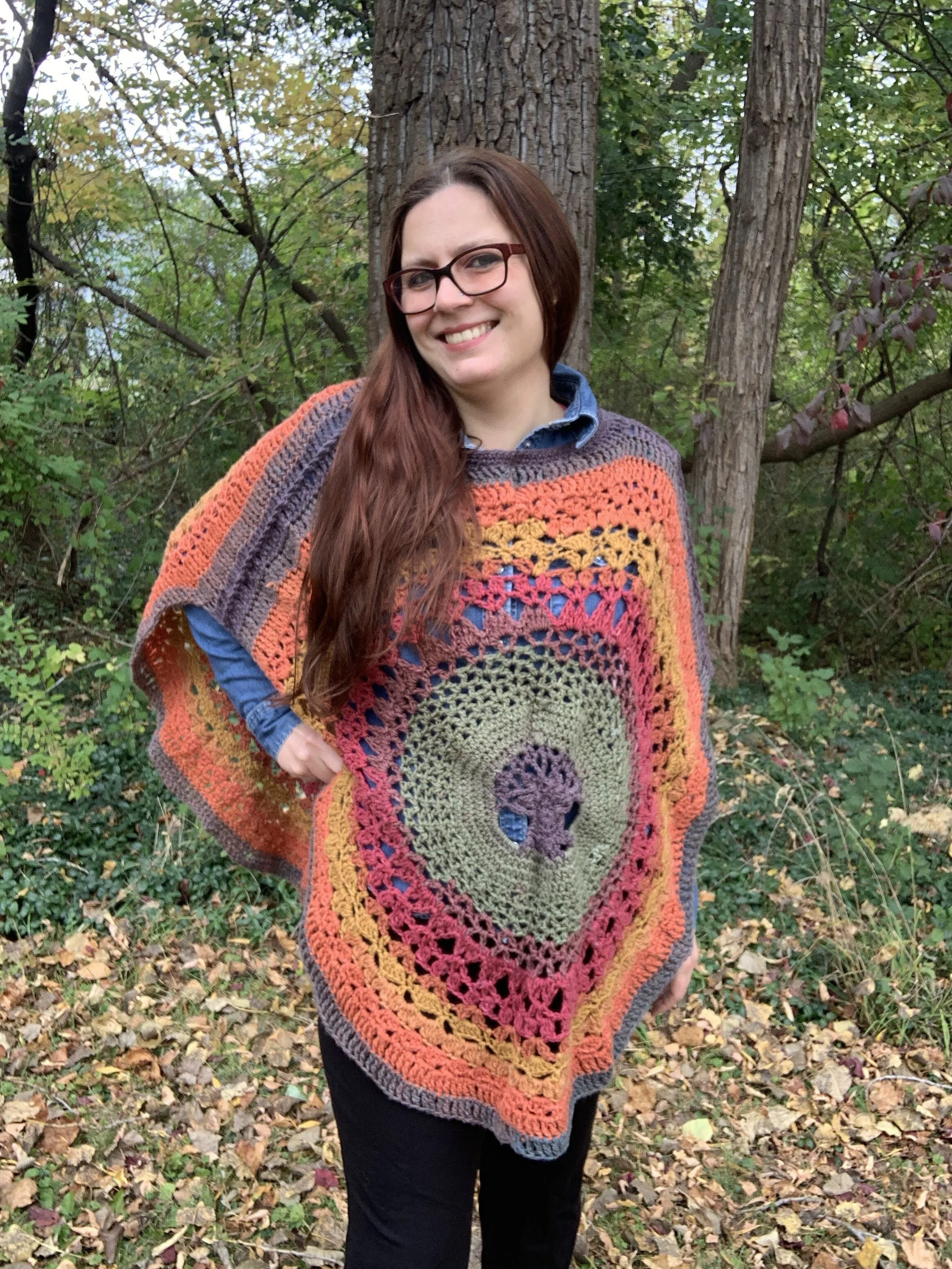 Tree of Life Poncho, 2023, crocheted in acrylic. "Yggdrasil Poncho" pattern by Morale Fiber