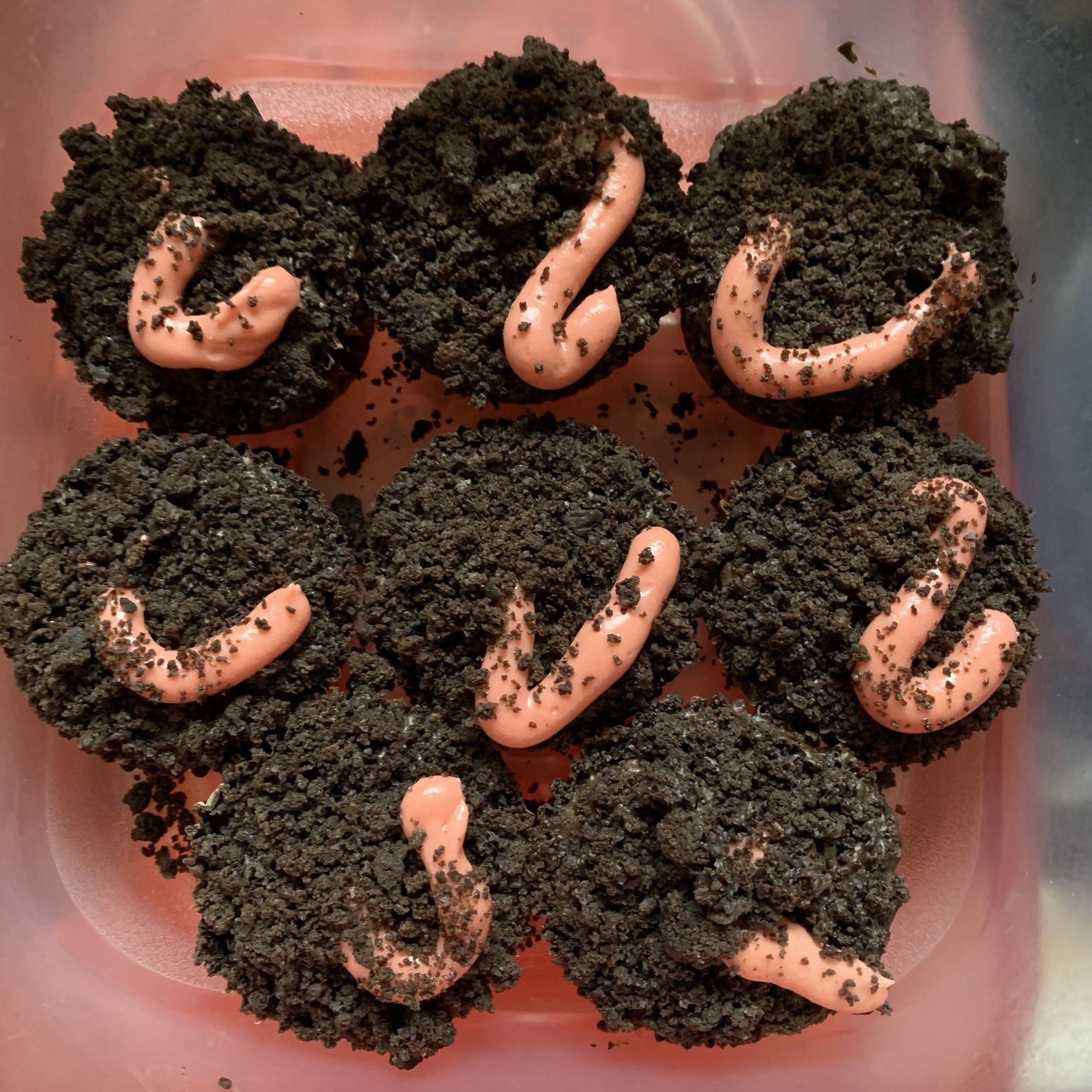 Dirt & Worms Chocolate Cupcakes with, cookie crumbs, chocolate & cream cheese frostings