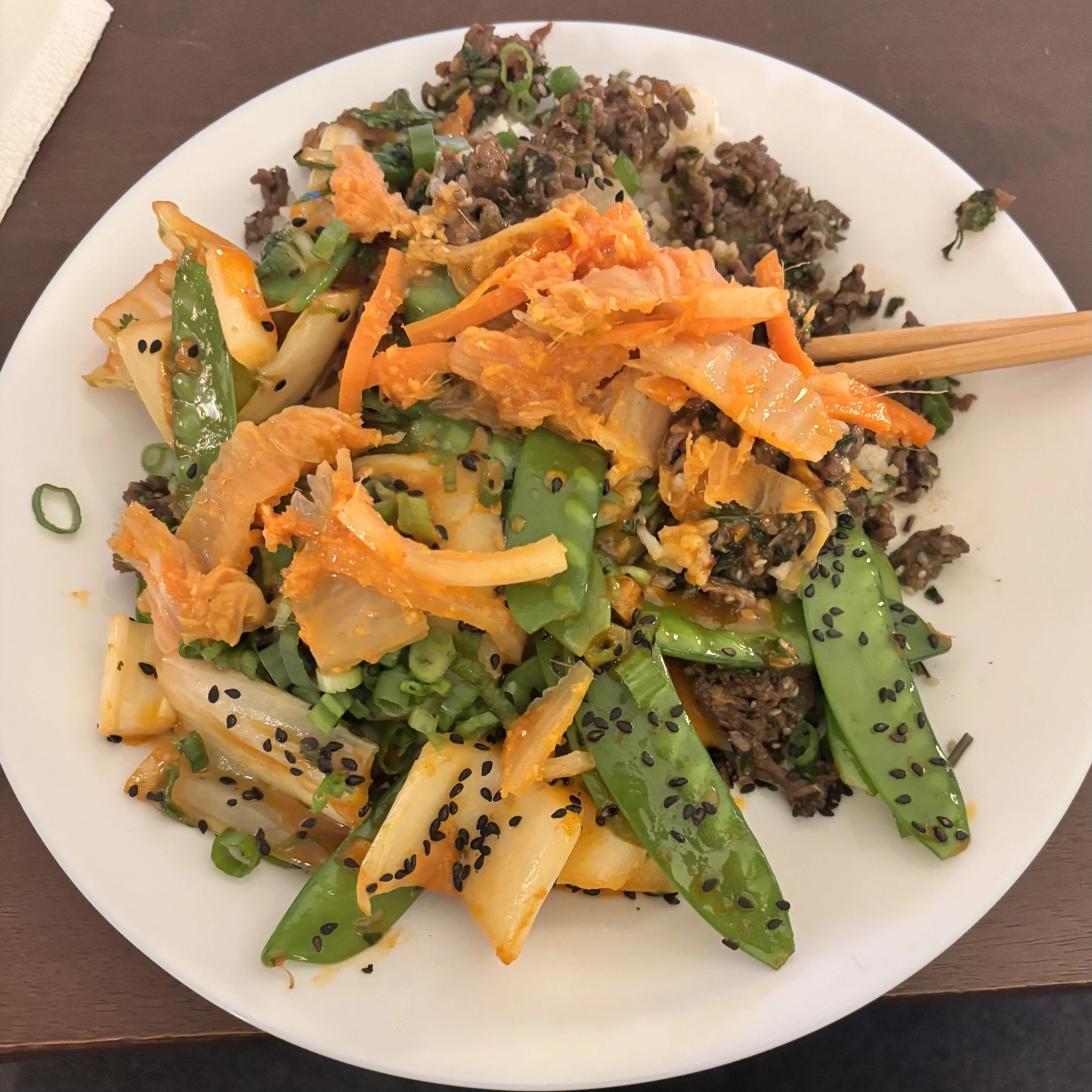 Beef Bulgogi with Gochujang Stir Fried Bok Choy & Snow Peas