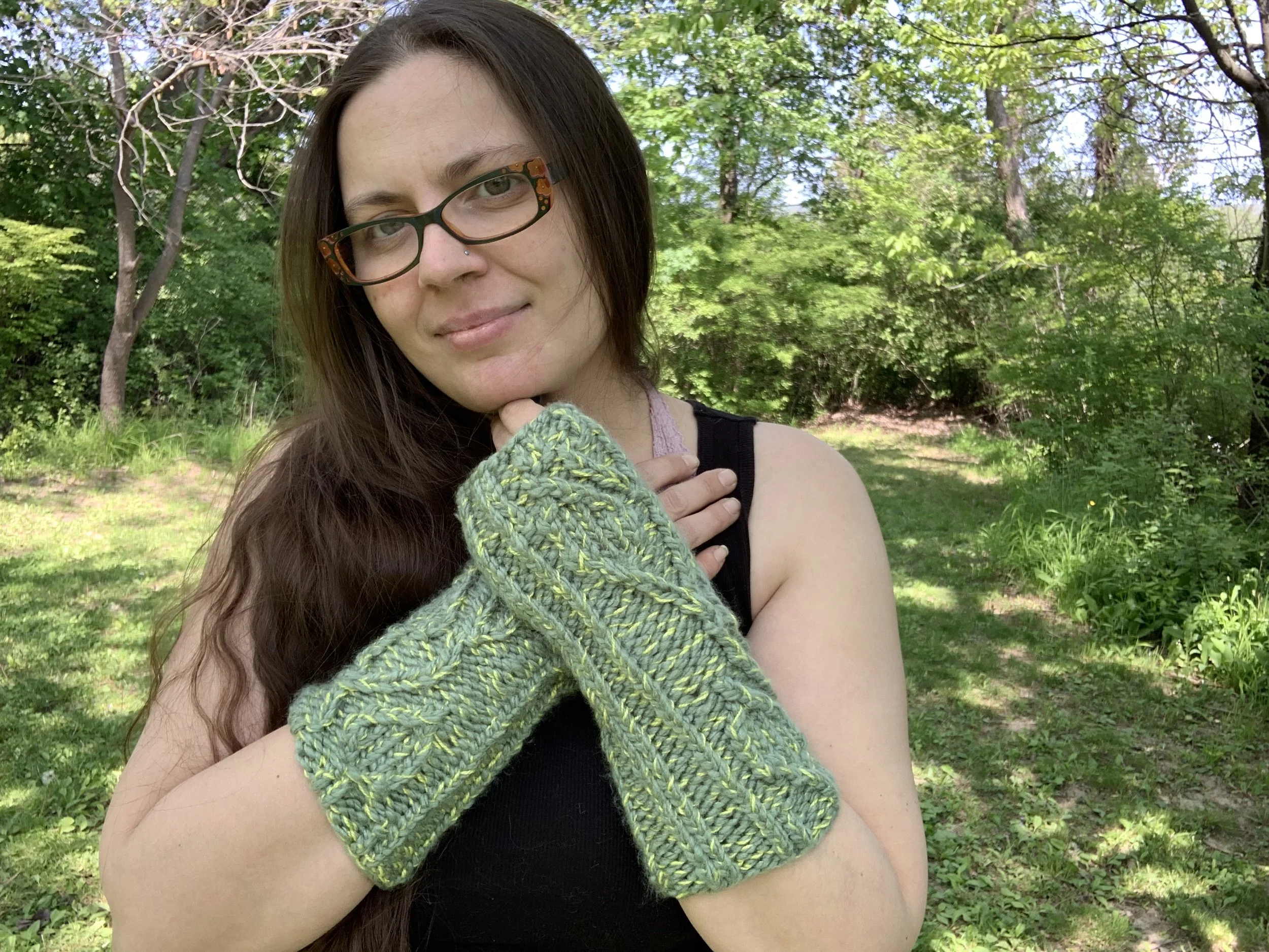 Green Sleeves Arm Warmers, 2023, hand knit in acrylic and wool