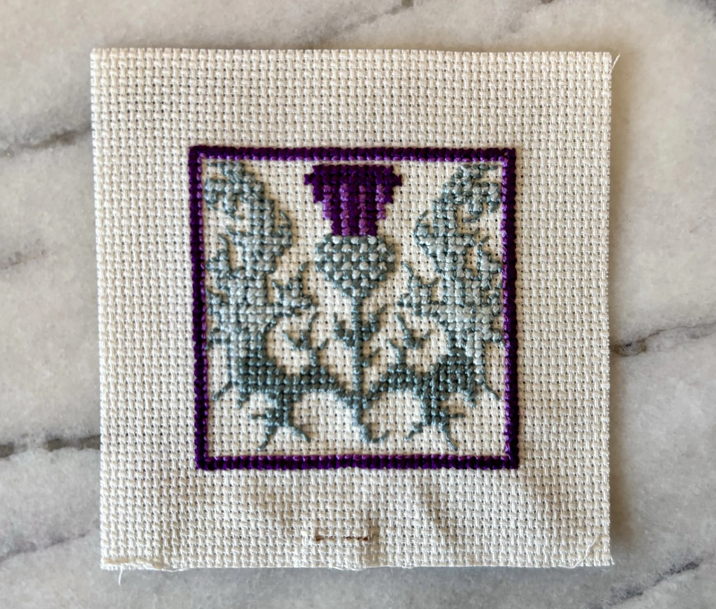 Scottish Thistle Sampler, 2022, cotton thread on aida.