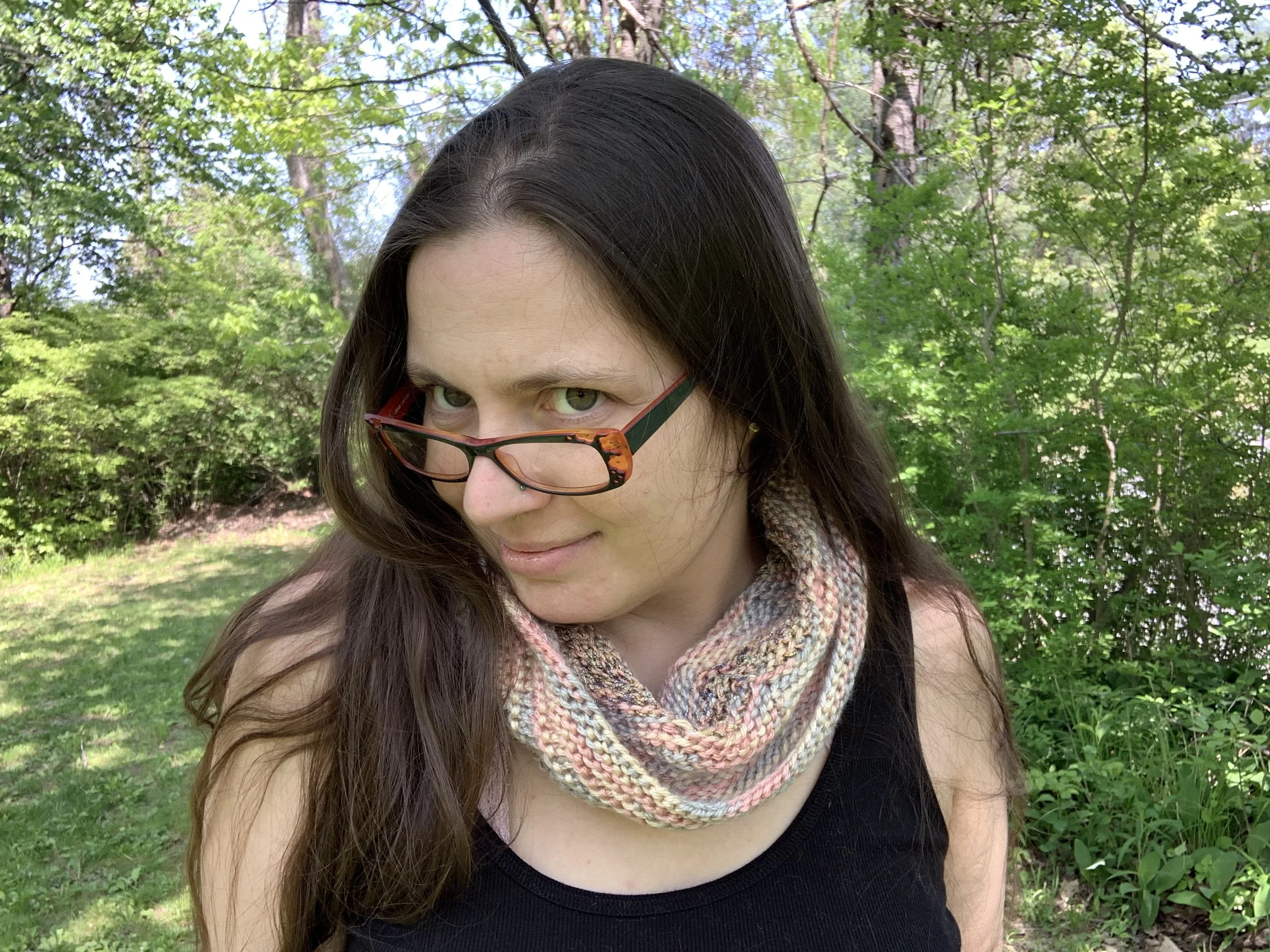 Coral Cowl, 2023, hand knit in acrylic