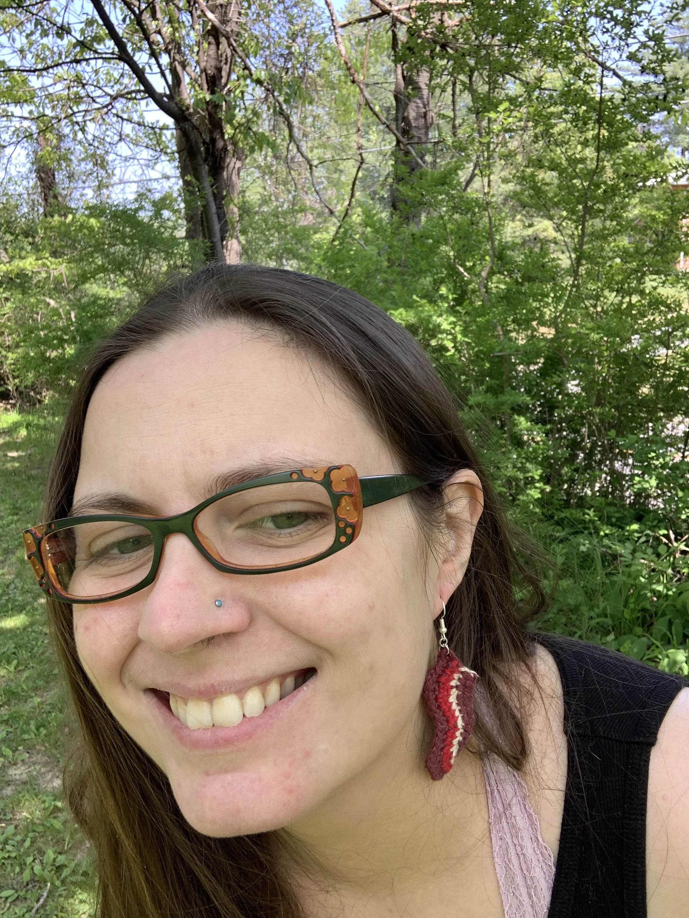 Bacon Earring, 2022, original pattern crocheted in cotton.