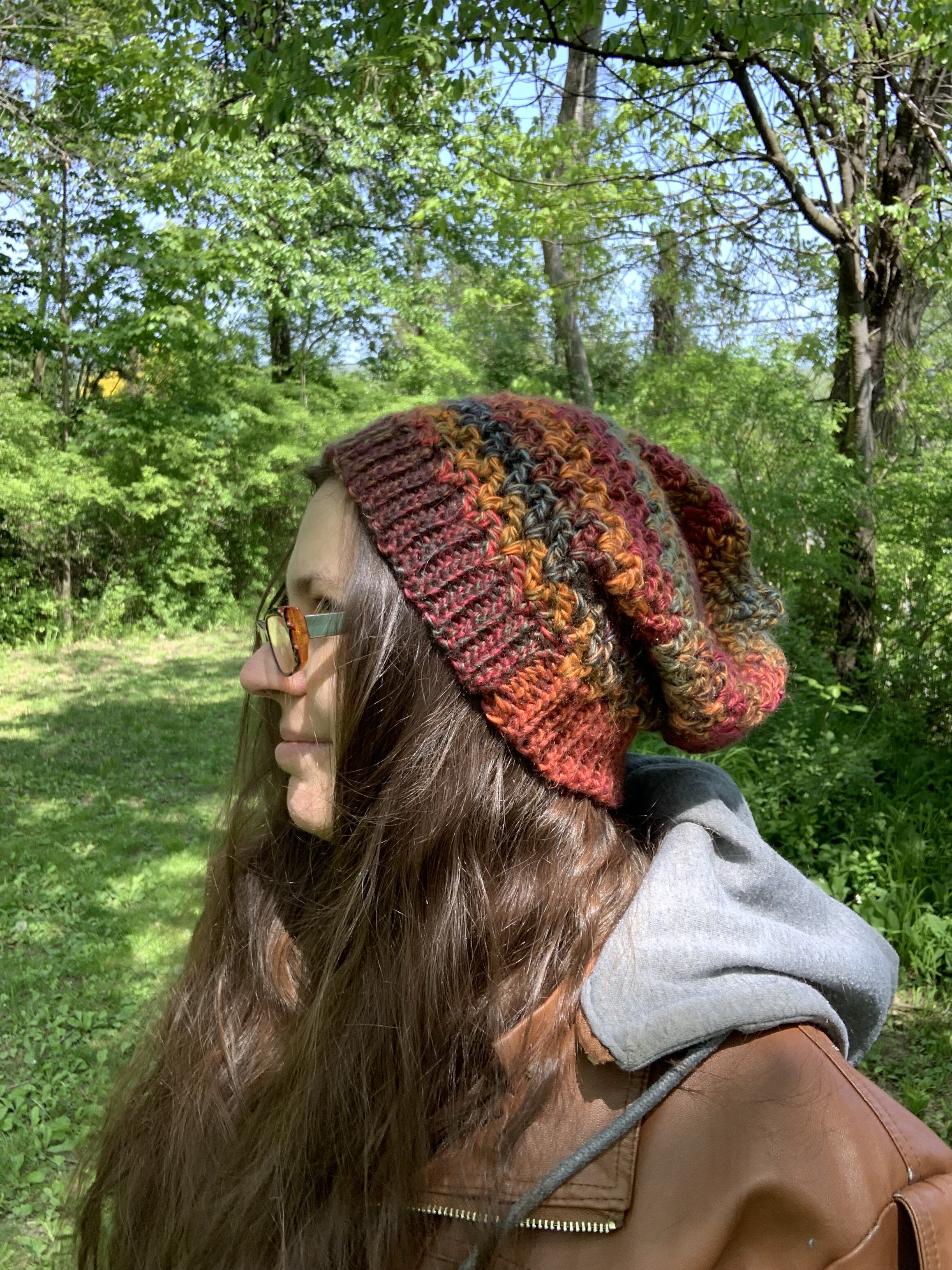 Autumn Earth Tones Beanie, 2022, crocheted in polyester and acrylic.