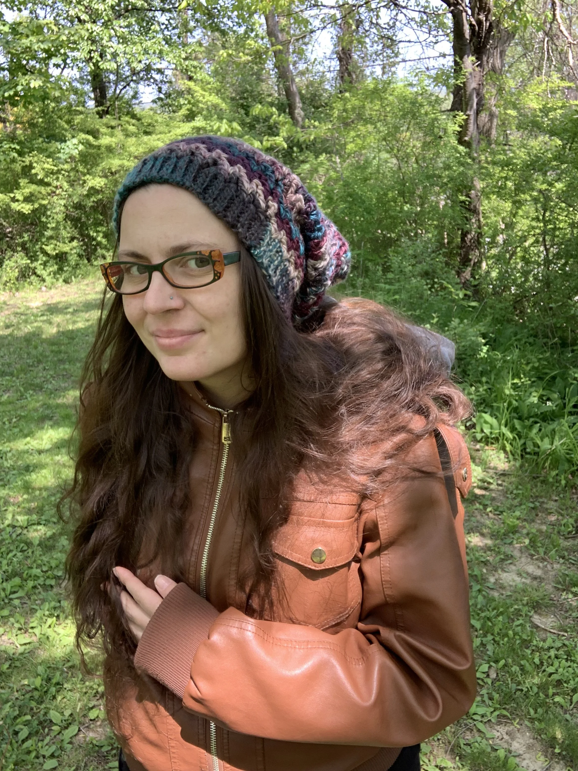 Purple Tones Beanie, 2022, crocheted in polyester and acrylic.