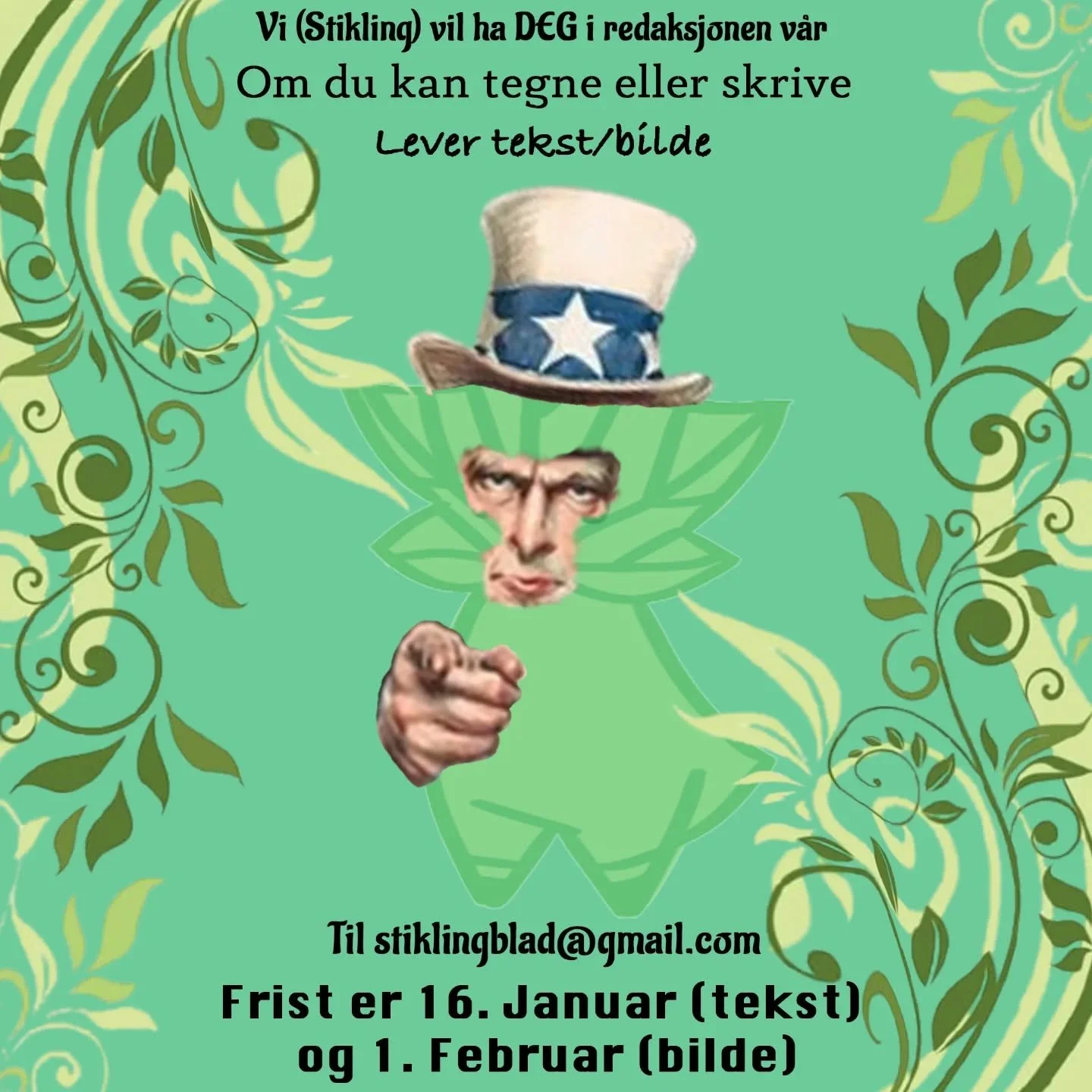 Verdens andre utgave av Stikling kommer ut tidlig 2026, og vi vil ha DINE BIDRAG!

‼️HUSK FRISTEN 16.01.26 FOR TEKST, OG 01.02.26 FOR BILDER‼️

Vi tar imot alle slags bidrag, men om du skriver eller illustrerer noe om FILM f&aring;r du bli med i den 