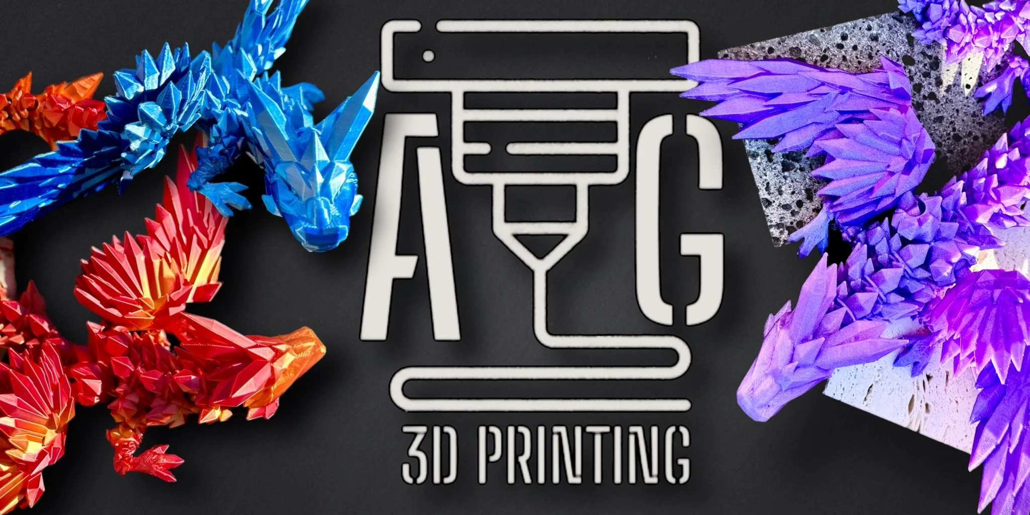 Colorful origami dragon and flowers surrounding a logo with a 3D printer icon and the words '3D Printing'