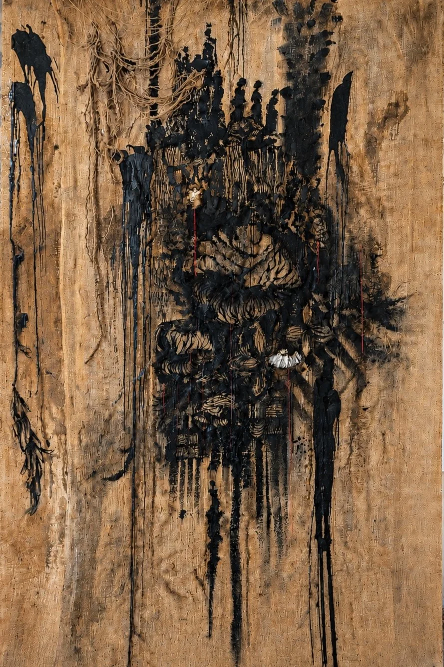 Body Leave to Enter. 2026
Beeswax, Coffee, Clay, Thead and Charcoal on Bulp Sack
260cm x 148cm

