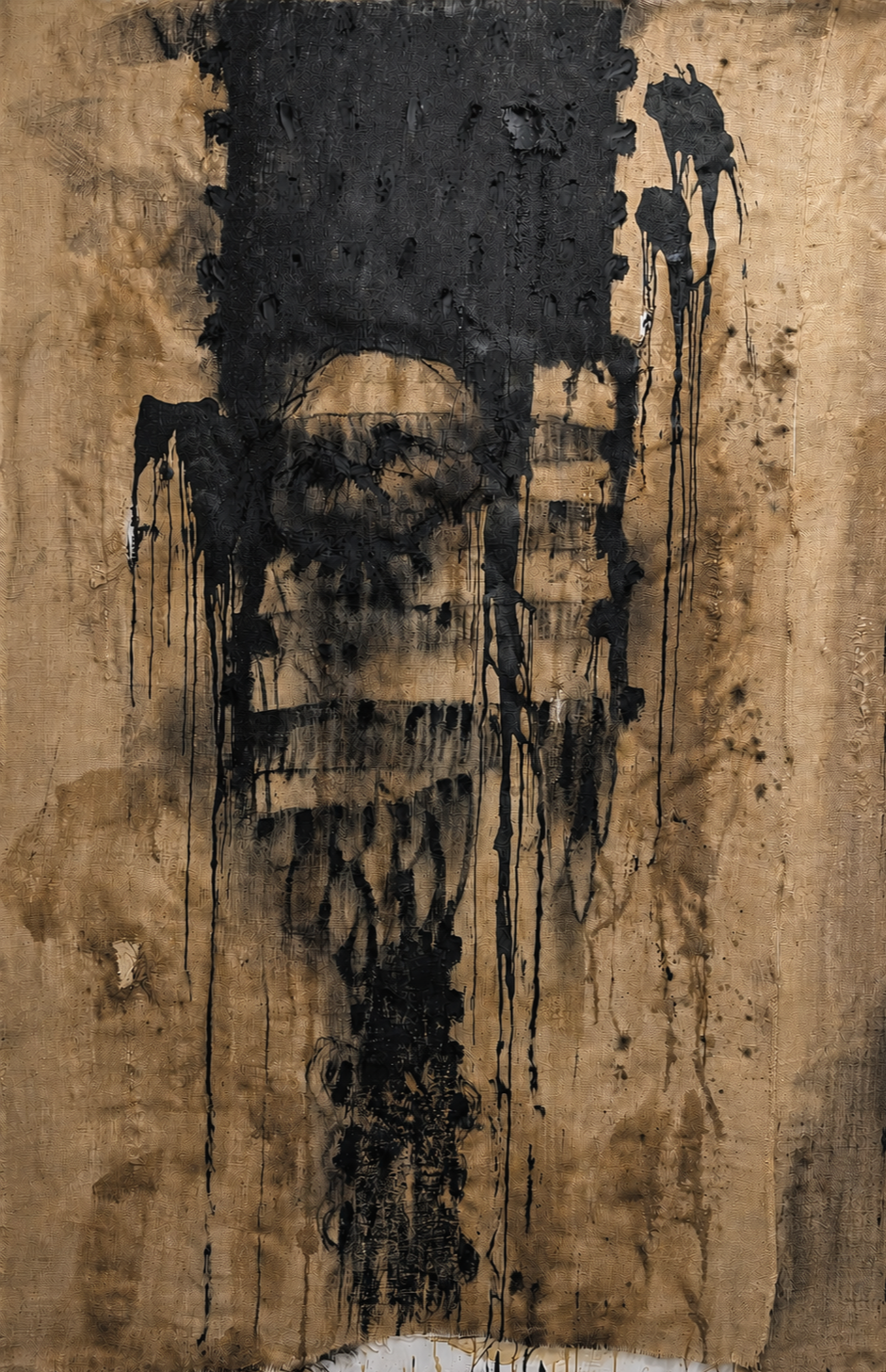 Body Leave to Remain. 2026
Beeswax, Coffee, Clay, Thead and Charcoal on Bulp Sack
260cm x 148cm
