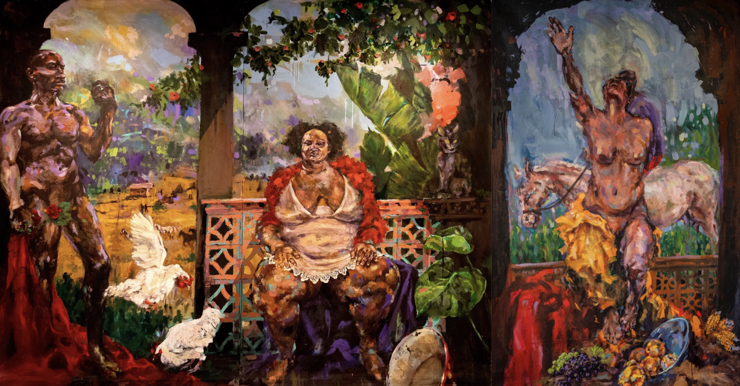 From Paradise to Paradise. (Triptych) 2025 
Charcoal, Pastel, Clay, Oil & Acrylic on Canvas
435cm x 242cm
