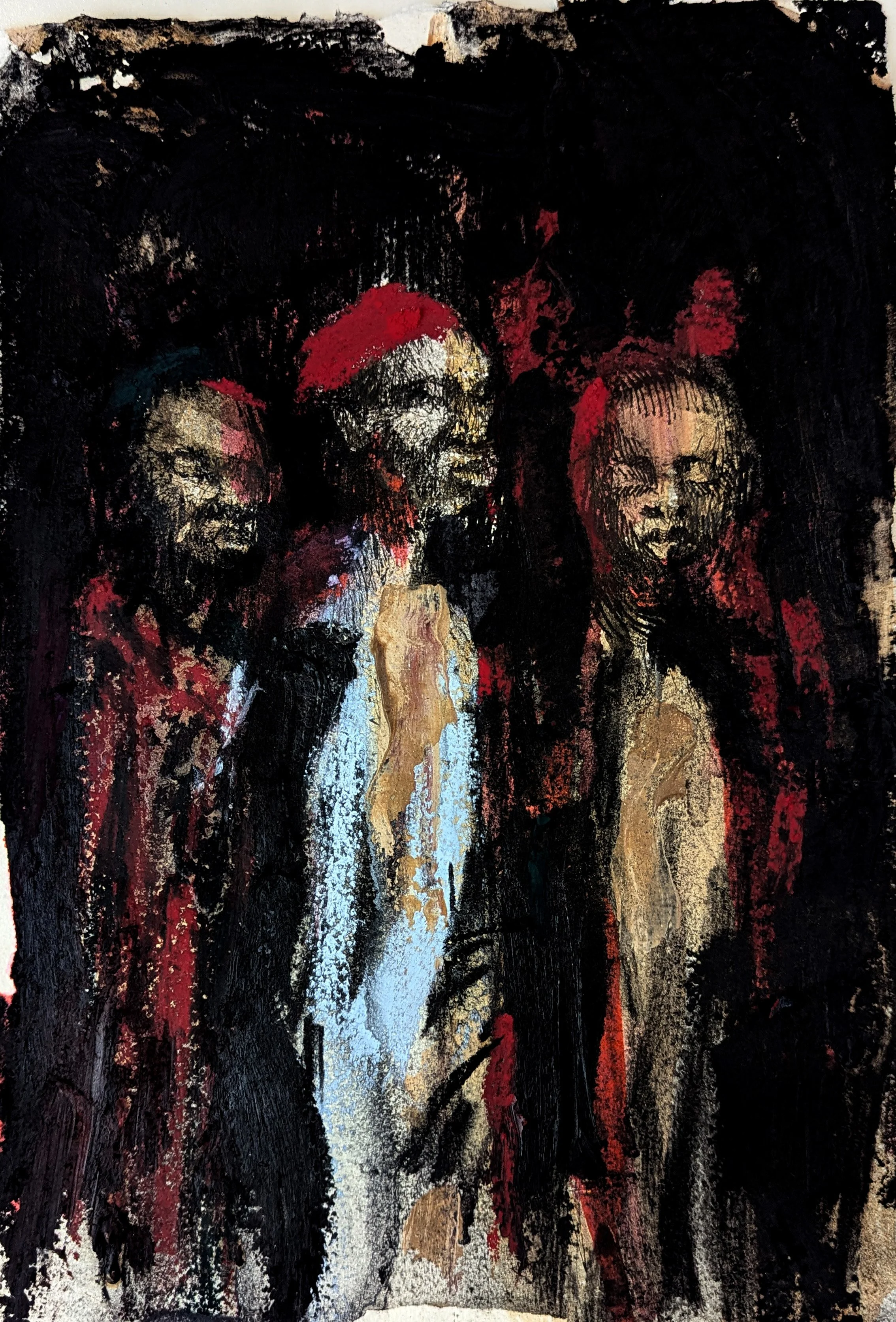 The Three Wisemen,. 2025
Charcoal, Pastel, Clay, Oil Stick on Paper
21cm x 29cm
