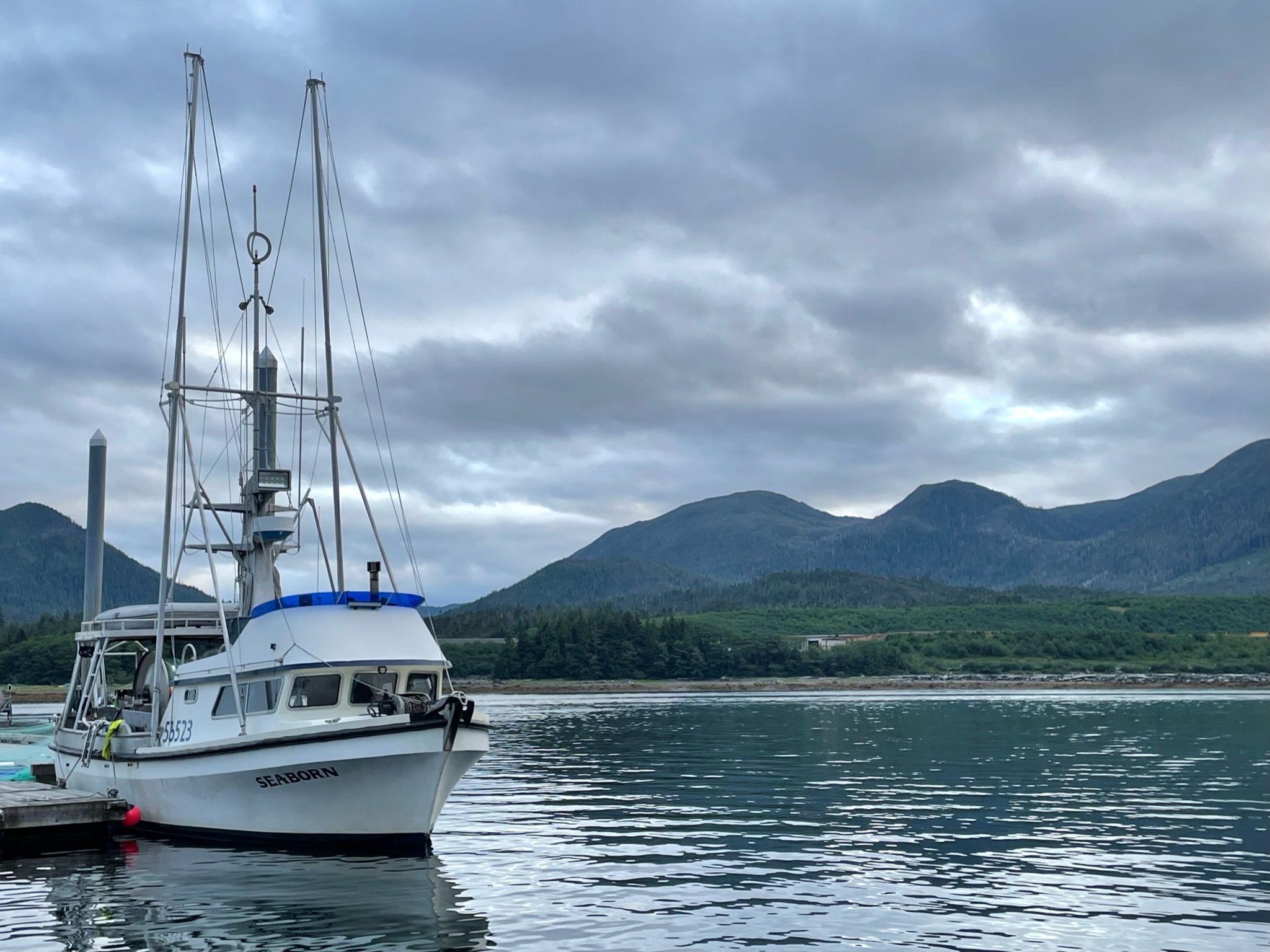 Salmon fishing boat tied up at the dock with tree covered hills in the background