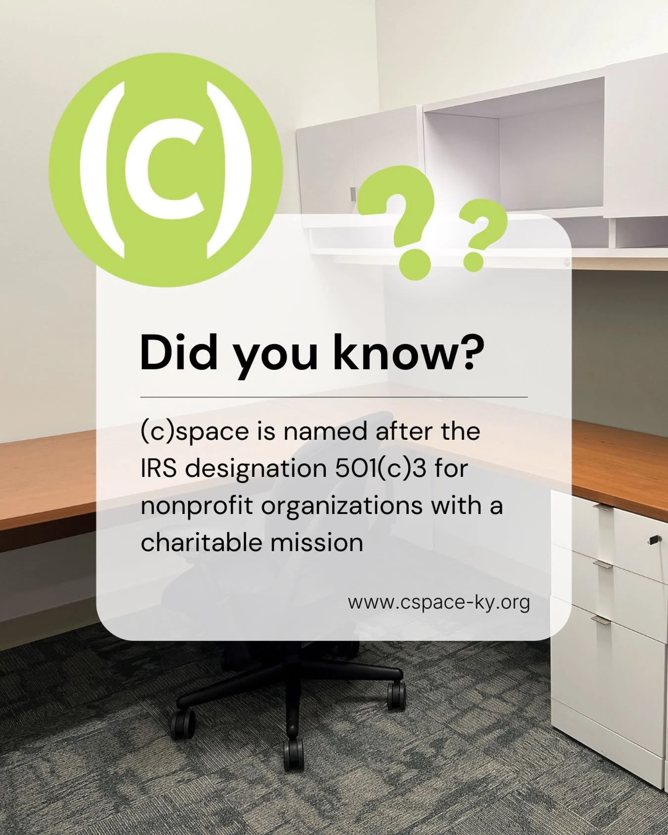 Where purpose shows up to work!

(c)space was named with nonprofit missions in mind &mdash; and shaped by the people behind them. #cspaceky #coworkingcommunity #nonprofitorganization