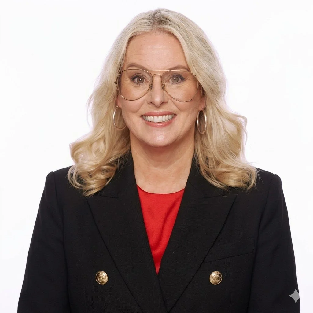 A woman with blonde hair, glasses, and hoop earrings, smiling and wearing a black blazer over a red top, against a plain white background.