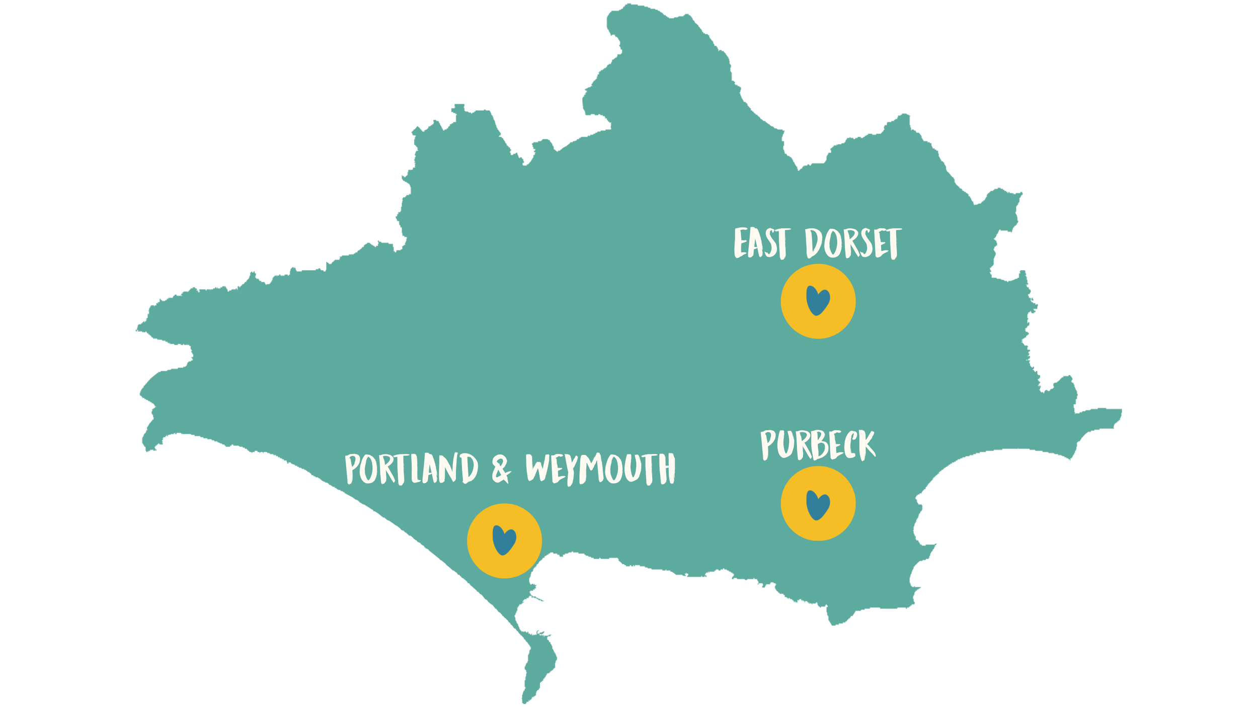 Green Dorset Map with East Dorset, Portland & Weymouth and Purbeck highlighted with a yellow circle with a blue heart in it.