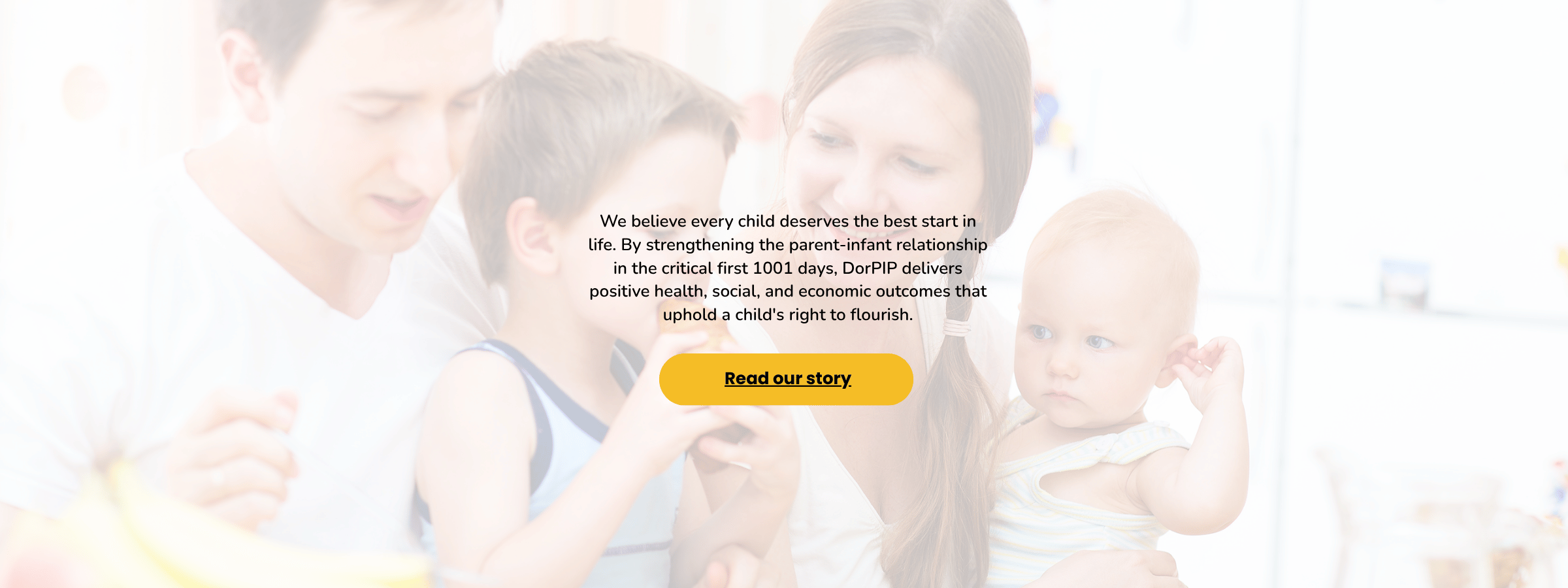 Family with parents and two children sharing a calm moment, with text about giving every child the best start in life through early relationships