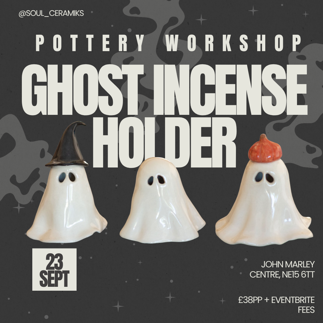 Ceramic ghost candle holders, one wearing a witch hat, one plain, and one with a pumpkin hat, on a dark background with event details for an event called Pottery Ghost Incense Holder.