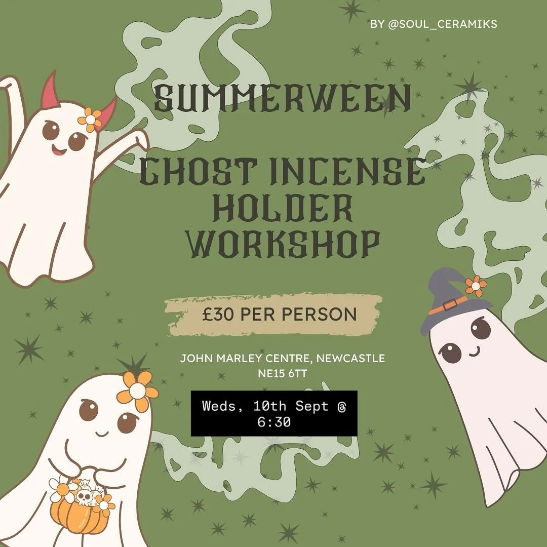 👻✨ Summerween Pottery Workshop ✨👻
Who says we have to wait for October to get a lil spooky? 🖤 
Join us Wednesday 10th Sept @ 18:30
I&rsquo;ll guide you through hand building and decorating your little ghostie, perfect for holding an incense cone (
