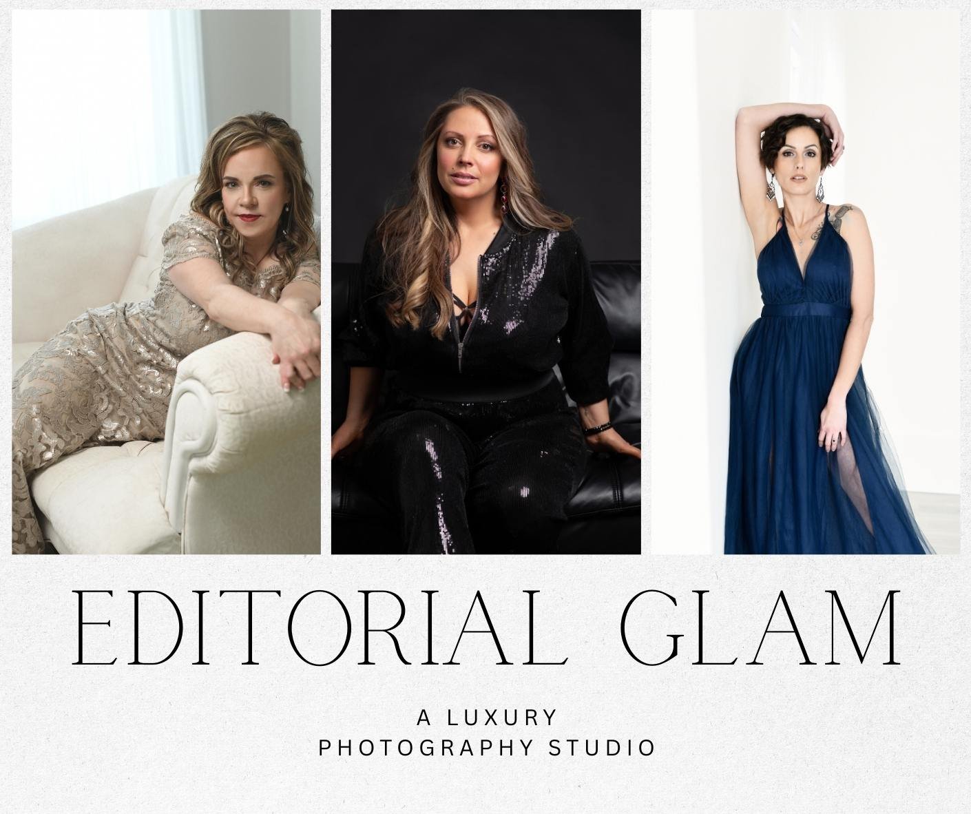 editorial glam photographer in columbia sc, image of three women, different ages embracing their beauty wearing champagne dress, black leather sequence suit and blue gown