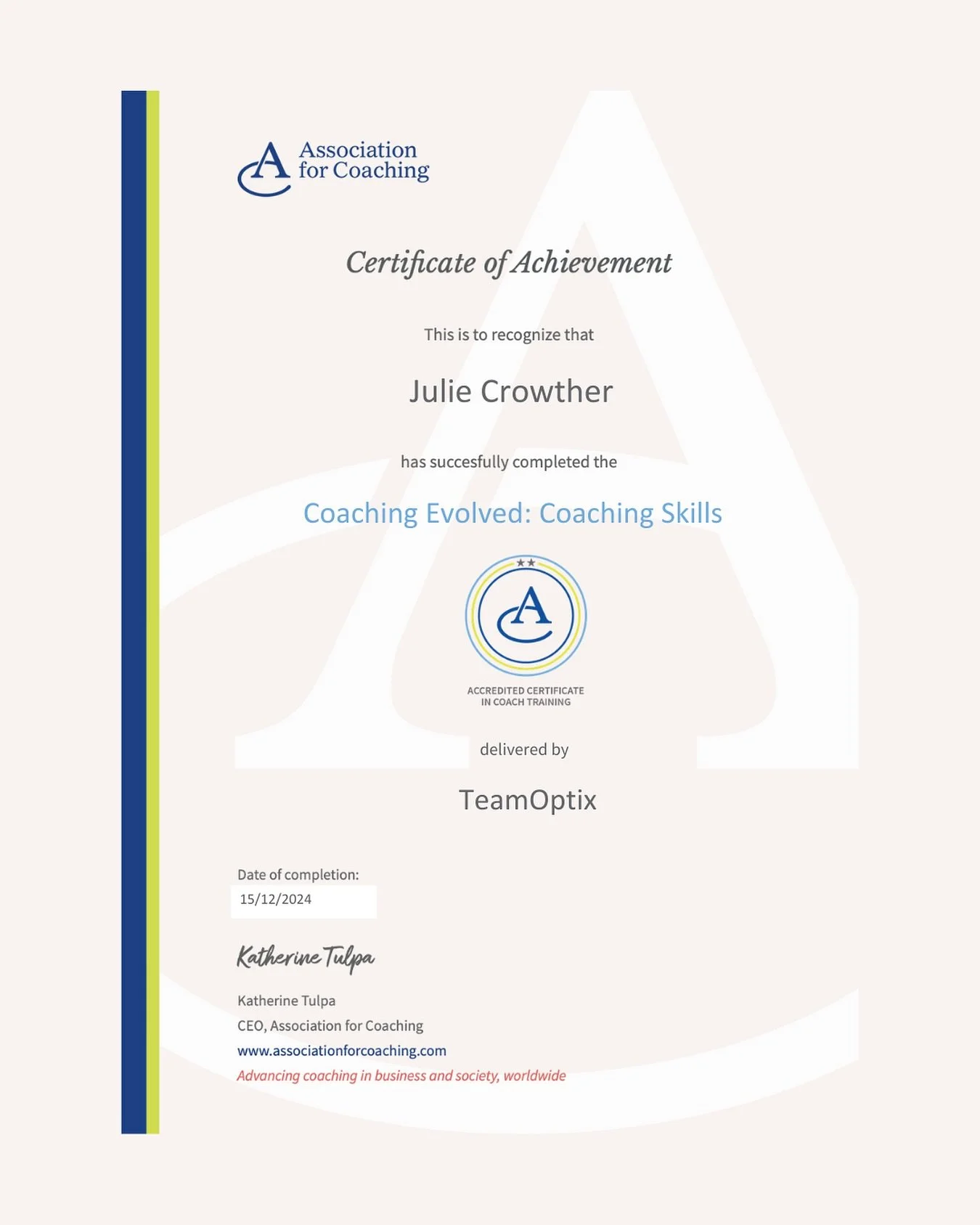 Really proud to finally share this certificate I worked so hard for in 2024. Another step in my journey to coaching qualification &amp; accreditation 👩🏼&zwj;🎓 

#CoachingCertificate #AssociationForCoaching #CoachingSkills @associationforcoachinggl