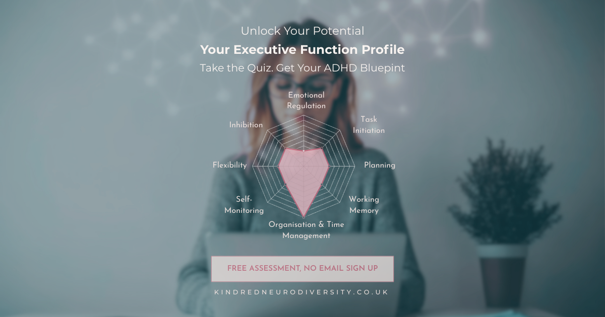 Advertisement for a quiz to assess executive function, with a radar chart showing different traits like emotional regulation, task initiation, planning, working memory, organization and time management, self-monitoring, flexibility, inhibition, and emotional regulation, and a call-to-action button offering a free assessment with no email sign-up at a neurodiversity website.