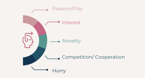 A pastel multicoloured infographic of the PINCH model with the bullet points Passion/ Play, Interest, Novelty, Competition / Co-operation, Hurry