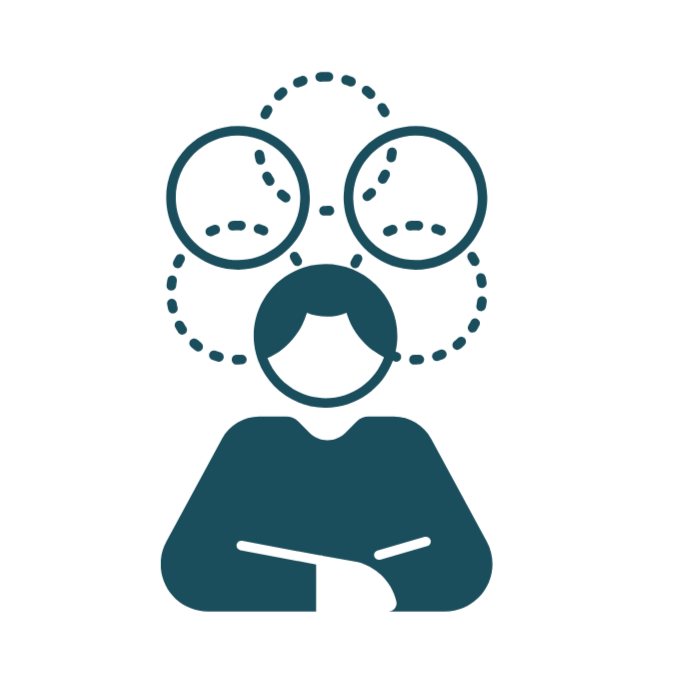 Digital illustration of a person sitting, with abstract lines and circles around the head representing identity.