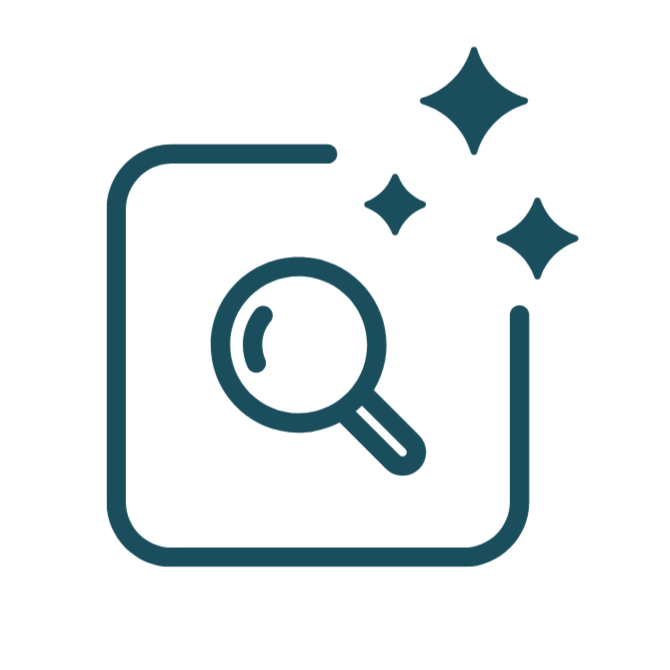 Magnifying glass inside a square with three sparkles around it, indicating search or discovery.