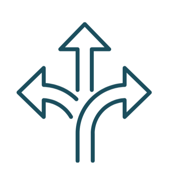 A traffic sign showing multiple arrow directions including left, right, and straight ahead.