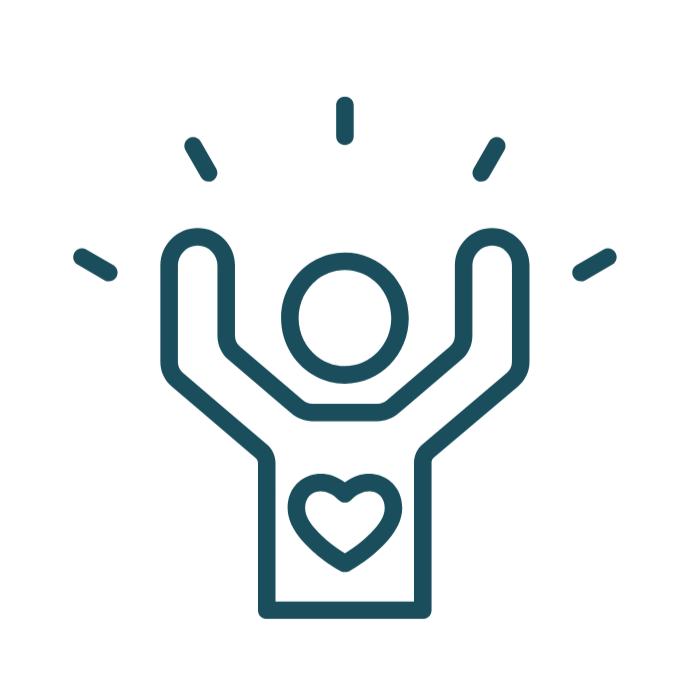 Line drawing of a person with their arms raised, a heart on their chest, and lines around their head indicating excitement or happiness.