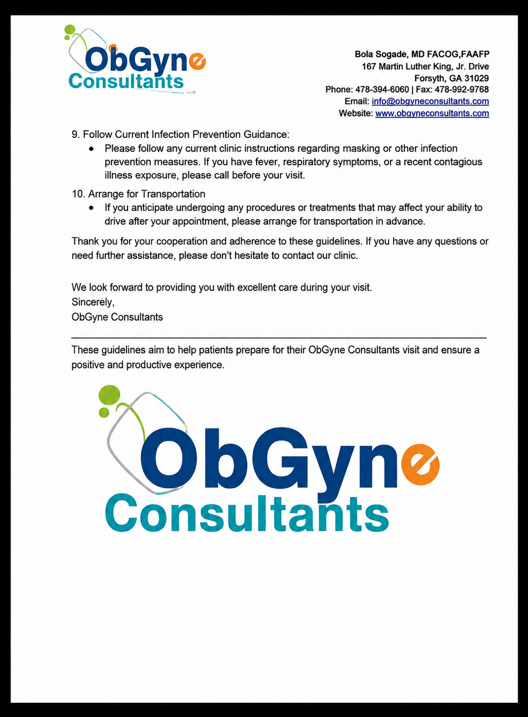 Additional pre-visit guidance from ObGyne Consultants, including infection prevention and transportation planning.