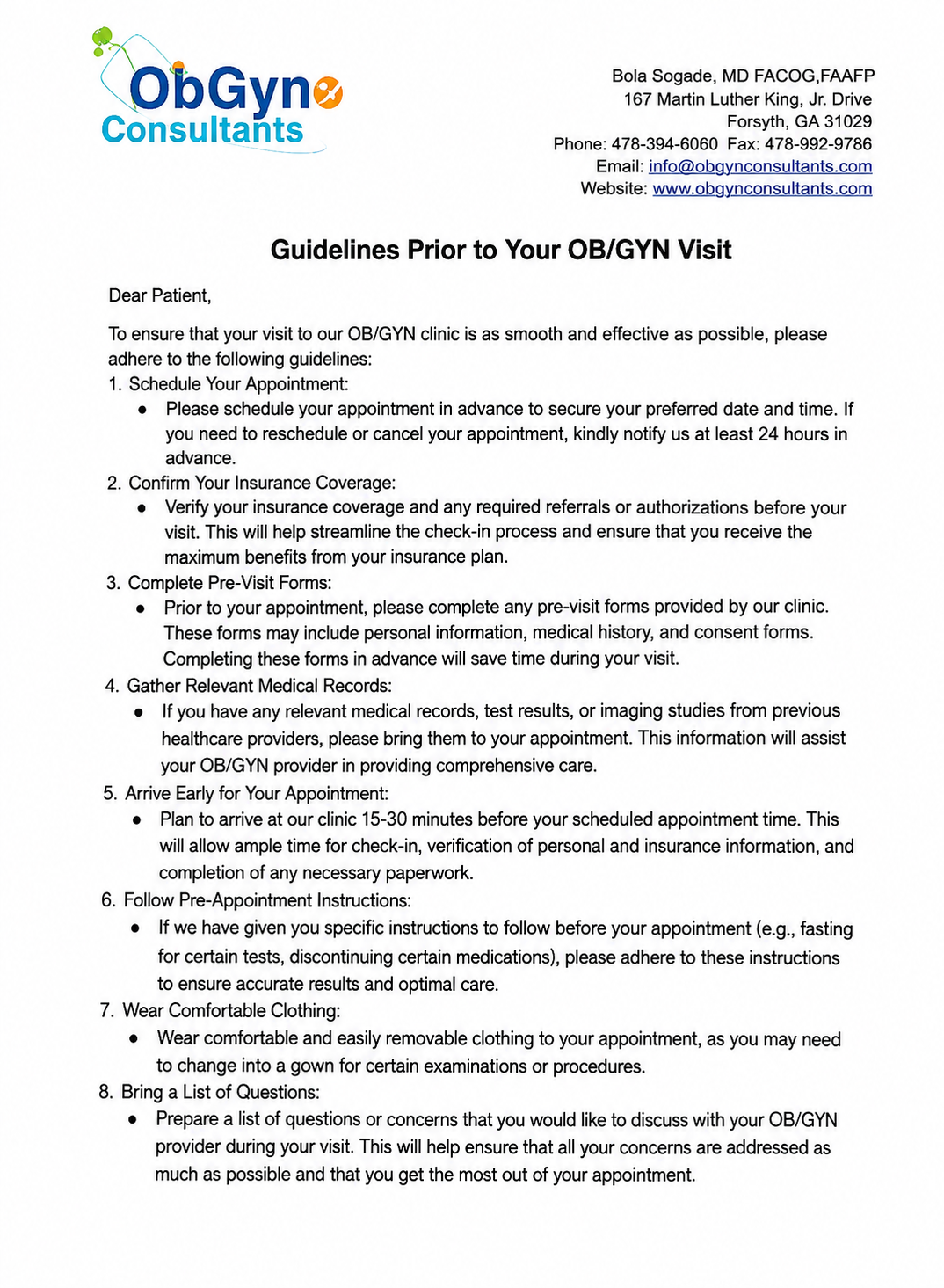 Guidelines to help patients prepare before an OB-GYN appointment at ObGyne Consultants.