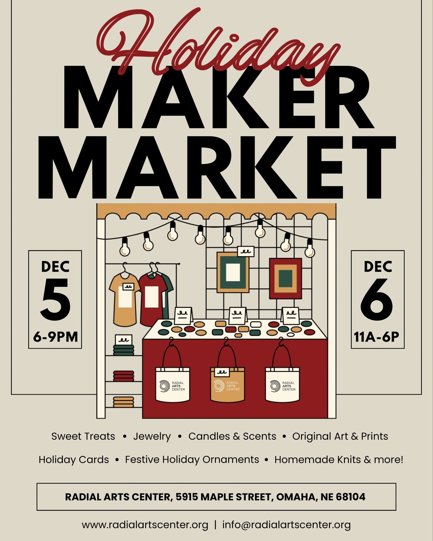 This weekend! 👀 Radial Arts Center&rsquo;s Holiday Makers Market is coming to the Benson Creative District! 🎅 

📍 Radial Arts Center, 5915 Maple St, Omaha, NE
🗓️ Friday, December 5th | 6-9pm
🗓️ Saturday, December 6th | 11am&ndash;6pm 
🎟️ Free E