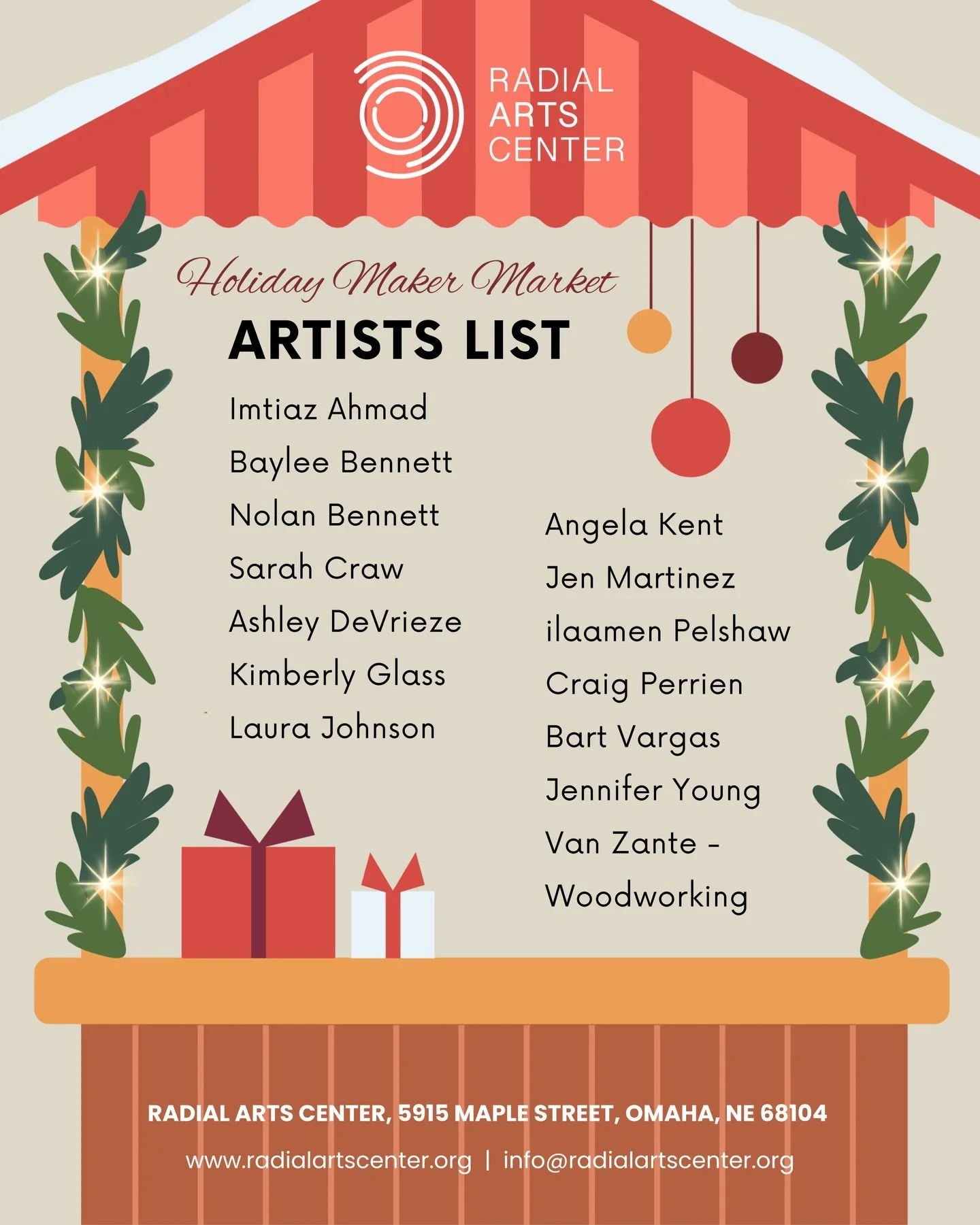 IT&rsquo;S TIMEEE! ✨ Radial Arts Center&rsquo;s Holiday Makers Market opens TONIGHT and tomorrow only in the Benson Creative District! 🎁 Come shop local and snag those perfect handmade gifts! 

📍 Radial Arts Center, 5915 Maple St, Omaha, NE
🗓️ Fri