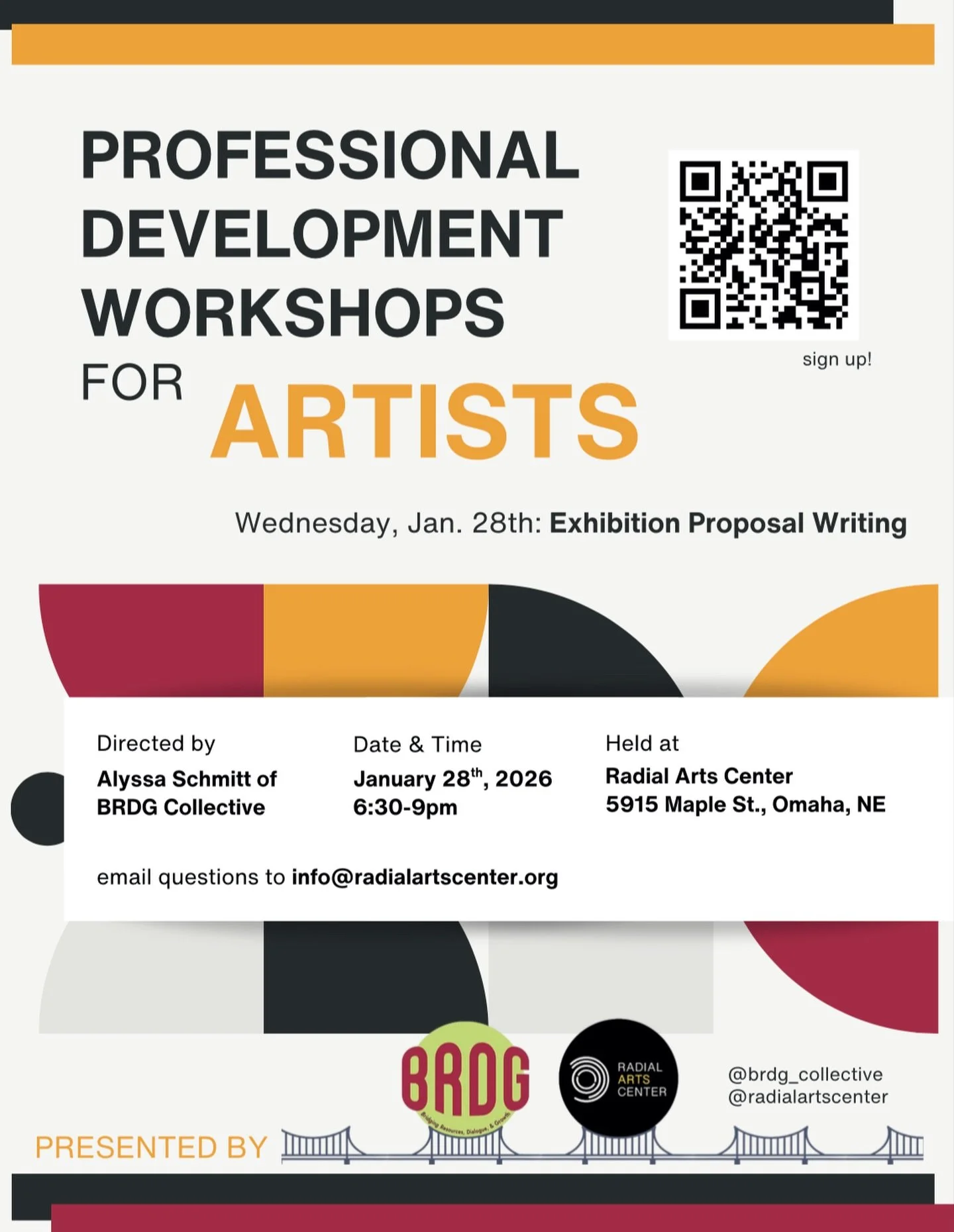 🗣️ ARTISTS 🫟 Do you have an idea for an exhibition but don&rsquo;t know where to begin? Join us on Wednesday, January 28th 2026 from 6:30-9:00pm for a Proposal Writing Workshop at Radial Arts Center 5915 Maple St., Omaha, NE 68104. 

This class is 