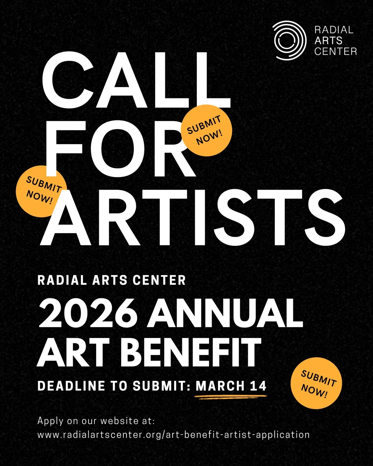 ✨ CALL FOR ARTISTS for the Radial Arts Center&rsquo;s Annual Art Benefit! ✨ 

Ready to Apply? 👉 LINK IN BIO 

The 2026 Art Benefit is organized by the Radial Arts Center, a non-profit dedicated to fostering community engagement through the arts. 💛 