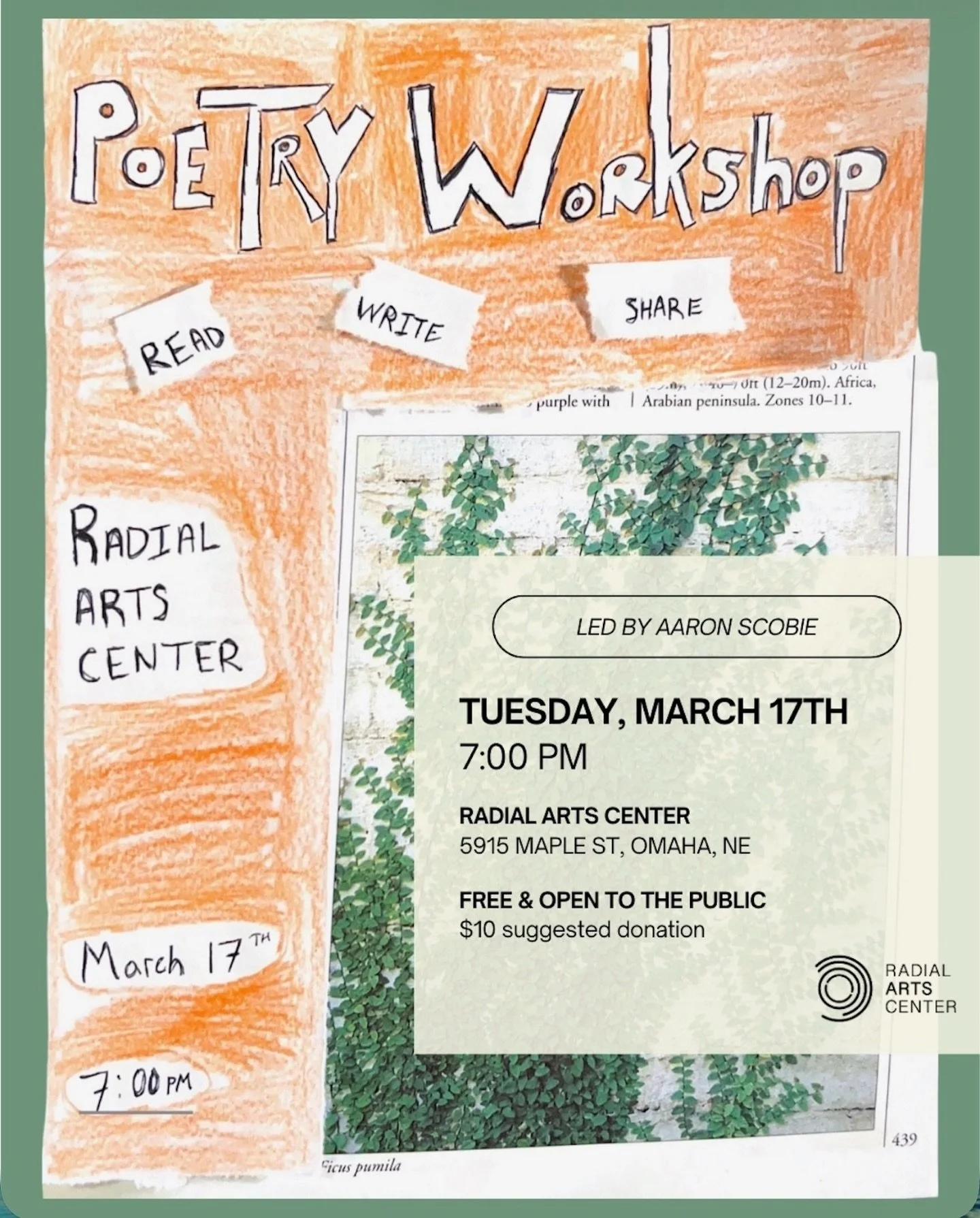 Our next poetry workshop is Tuesday, March 17th! 🍀 led by Aaron Scobie @kudzuleaves  7:00pm
&bull;
Aaron Scobie is a poet and photographer originally from lower Alabama. They hold an MFA in creative writing from Creighton, MA in English from the Uni