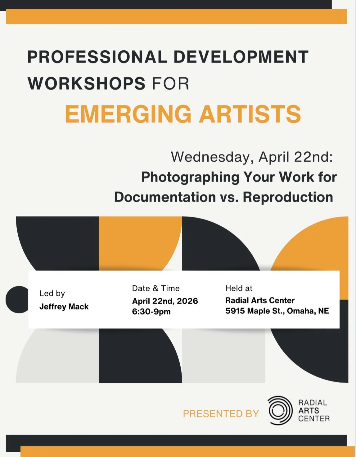 📣 Announcing our next Professional Development Workshop for Emerging Artists: Photographing Your Work for Documentation vs. Reproduction 📸 
&bull;
This workshop will be led by Jeffrey Mack @jeffrey_victorious and aimed toward visual artists.&nbsp; 