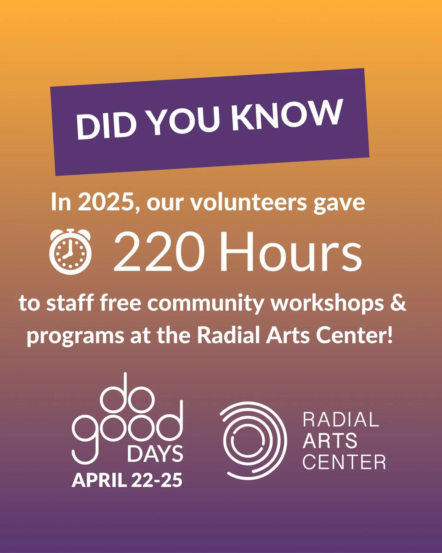 SHARE Omaha&rsquo;s #DoGoodDays is a wonderful time to reflect on those who give back to our community. 💛 During 2025, Radial Arts Center volunteers staffed a collective 220 hours of community workshops and programs. This does NOT include all the pr