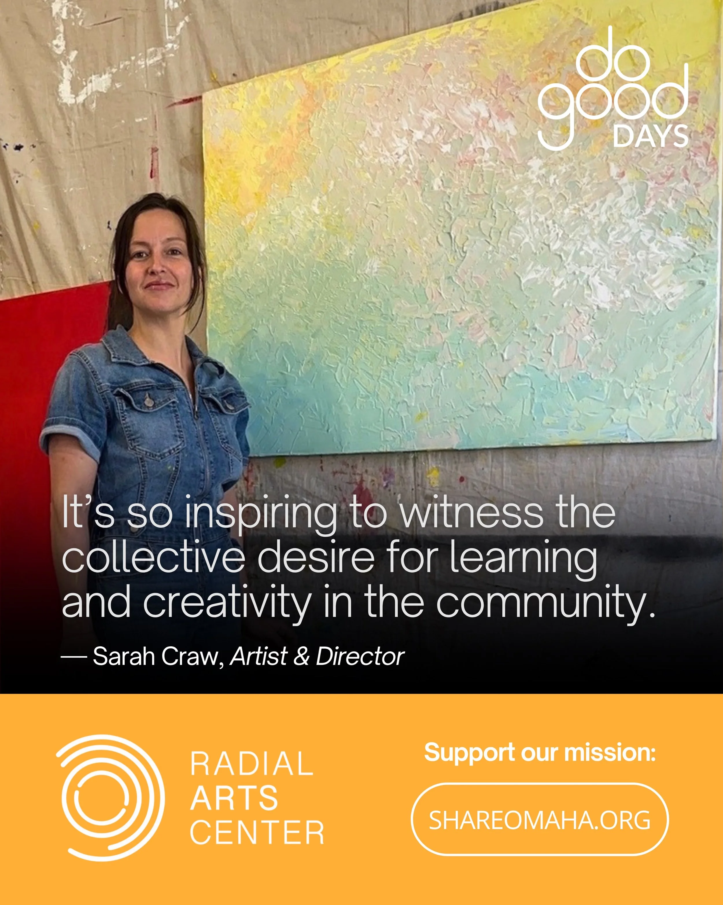 Meet ✨Sarah!✨ During SHARE Omaha&rsquo;s #DoGoodDays we want to highlight the incredible people who make our mission possible. 💛 Sarah has been with Radial since 2020, and has taken an active role in facilitating our exhibitions and programs.

&ldqu