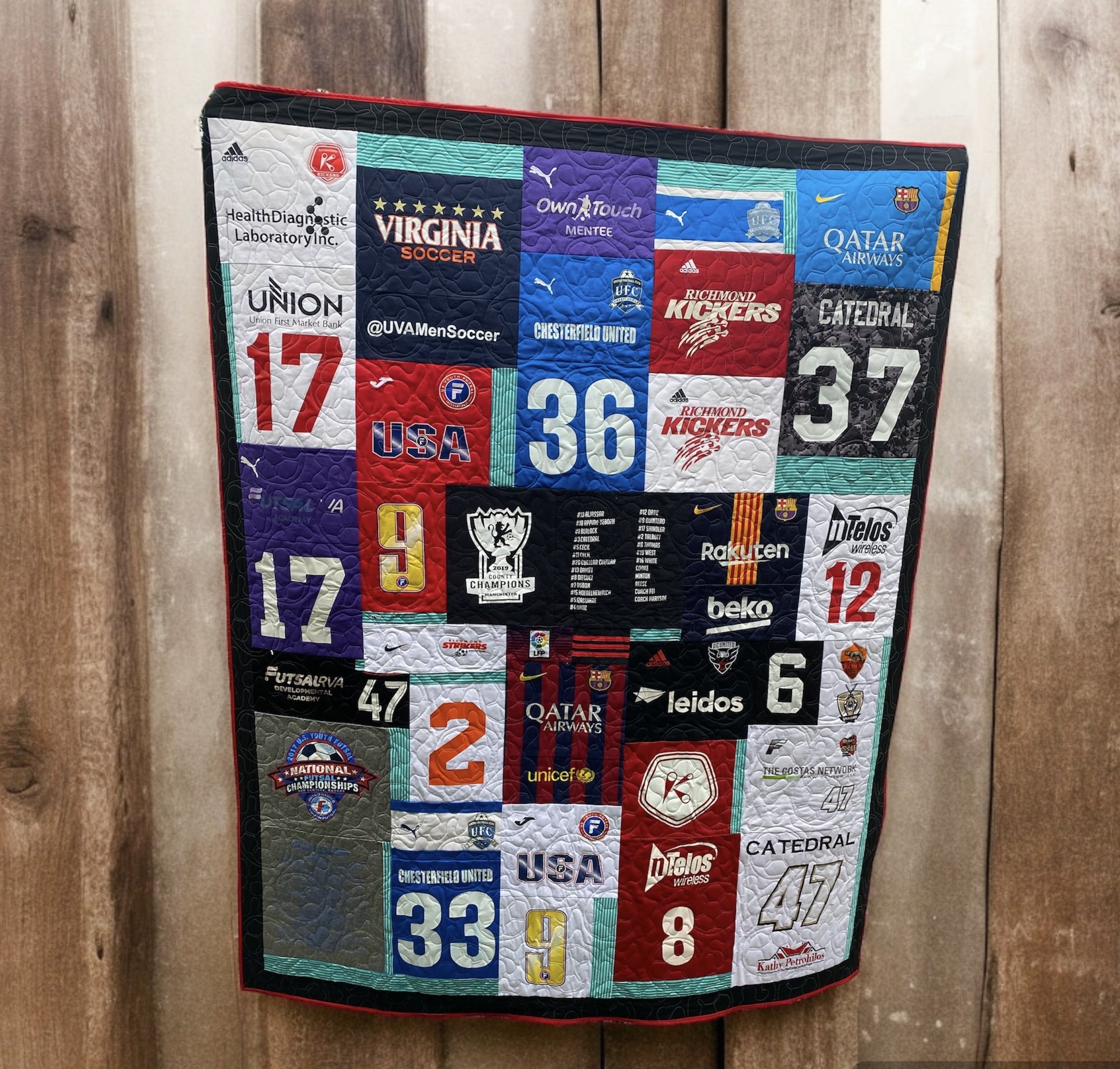 A soccer jersey quilt to commemorate a high school senior's soccer career.