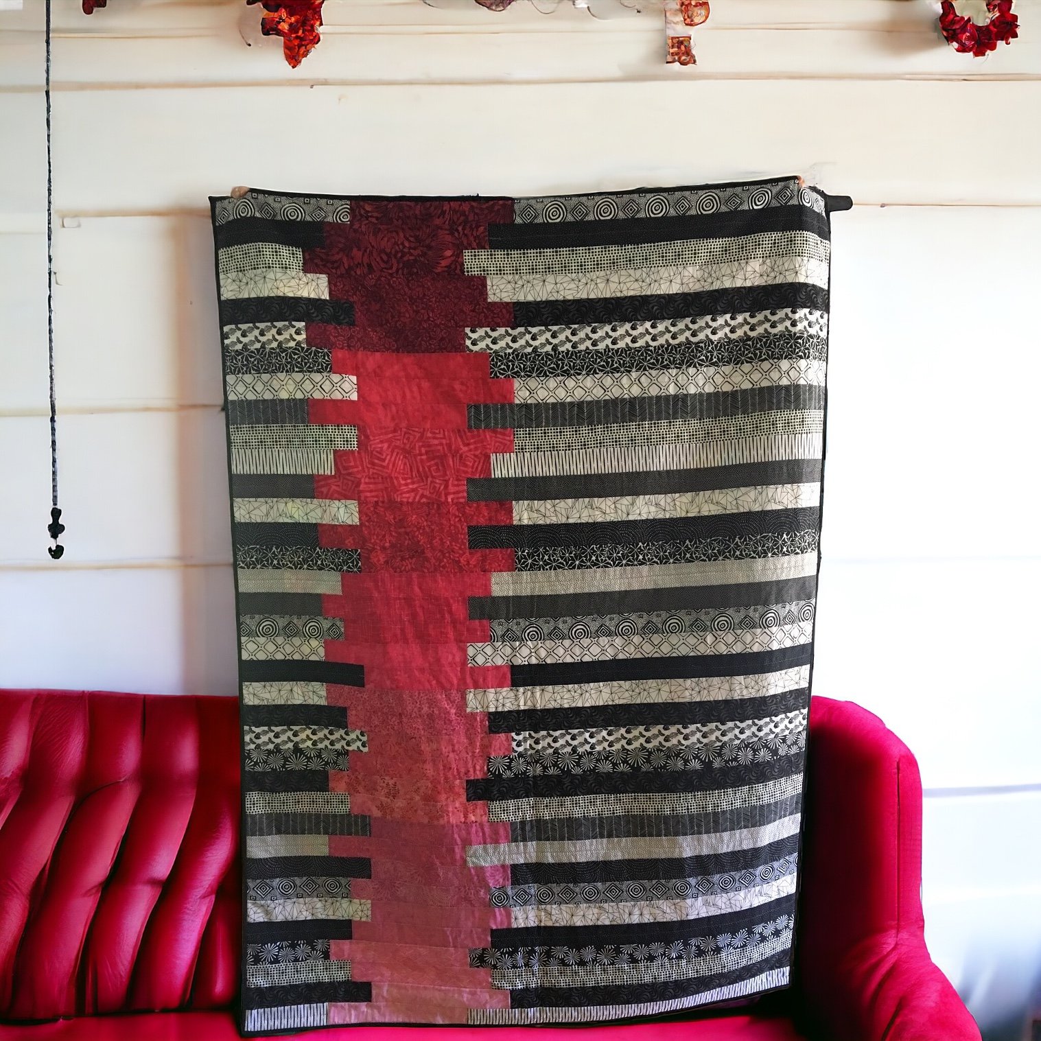 This quilt pays homage to the brides pink ombré wedding dress (pattern is Malaga from Villa Rosa)