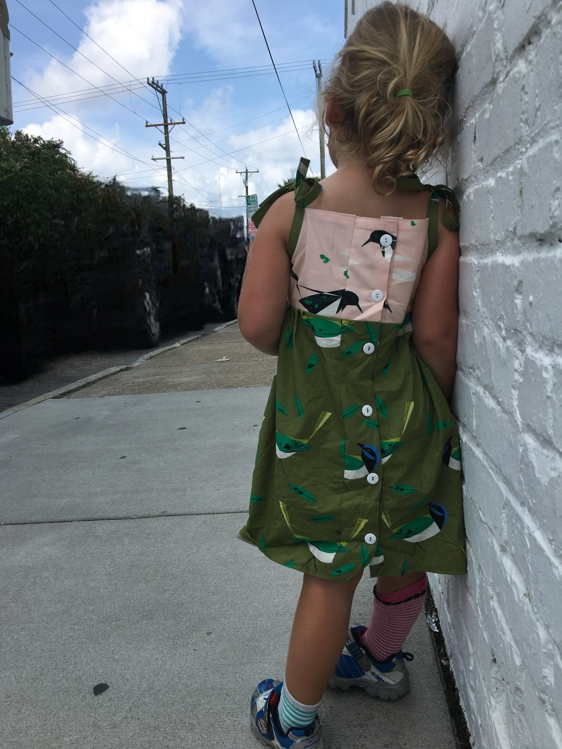 Two-toned bird dress with sweet buttons down the back and tie straps