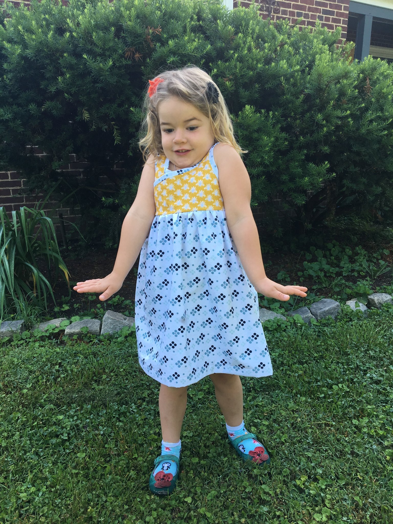 Preschool graduation calls for a new fit. Bees on the top part for my Leena Bea.