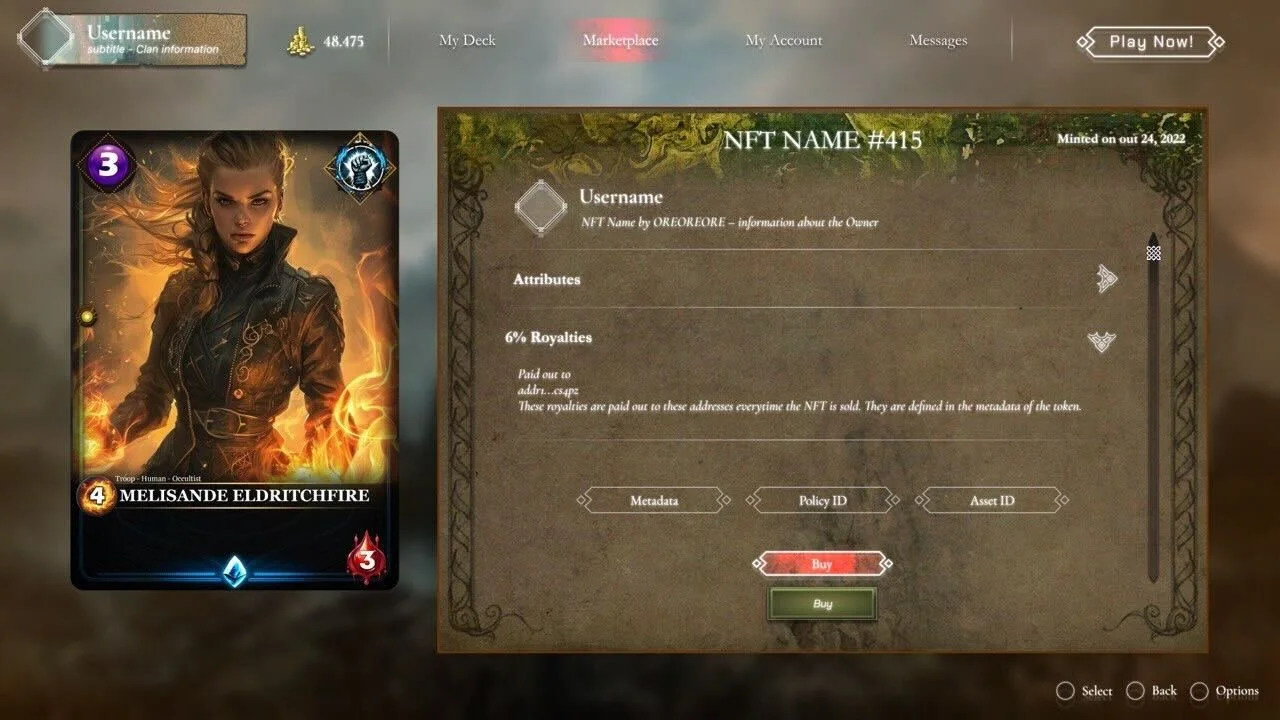 Screenshot of a digital card collection game interface featuring a trading card of a female character named Melisande Eldritchfire, with attribute icons, a red and green purchase button, and a marketplace section displaying an NFT with the ID #415, minted on October 24, 2022.